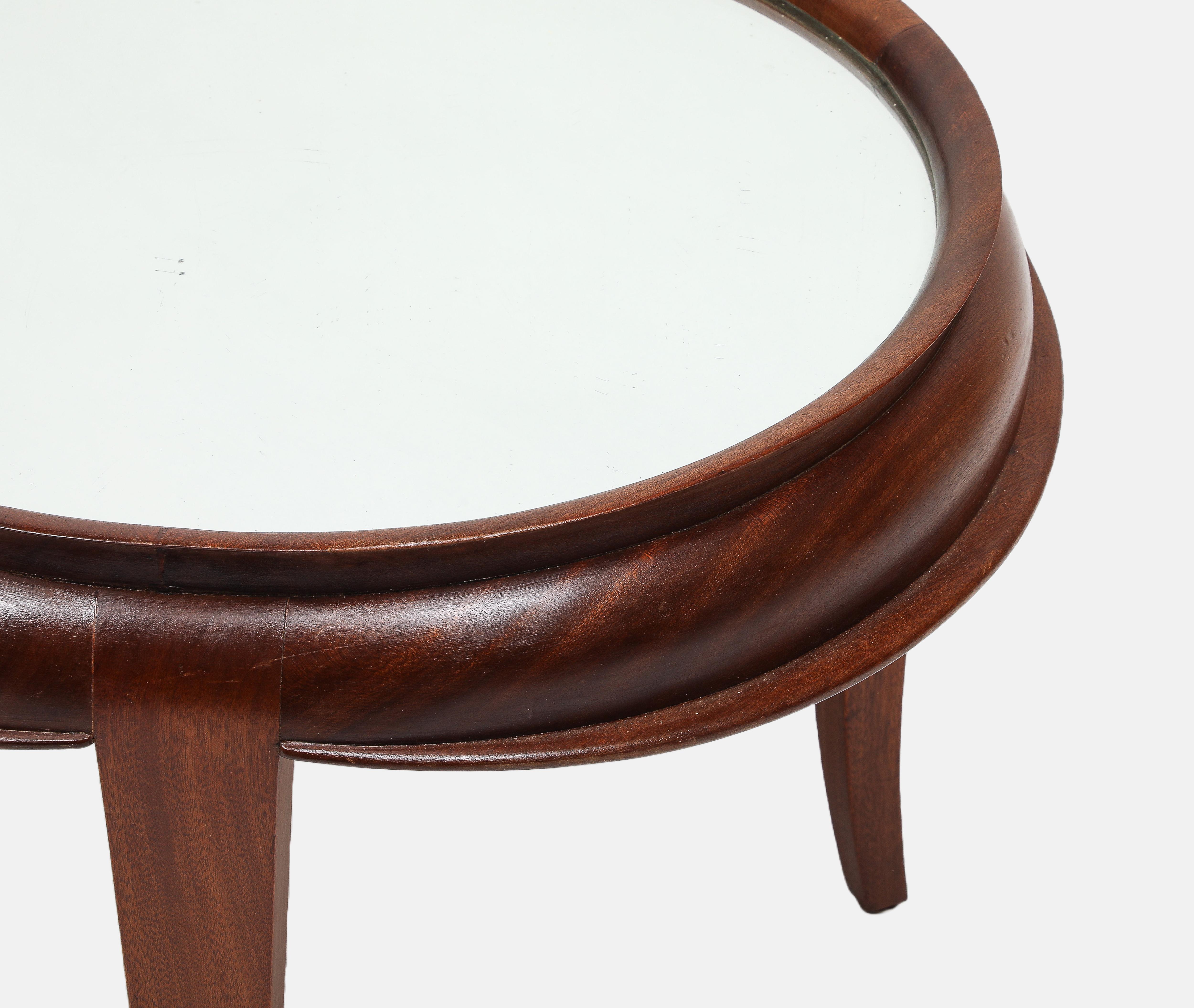 Italian Art Deco Round Tripod Glass Top Coffee Table in Mahogany Teak 1950s For Sale 4
