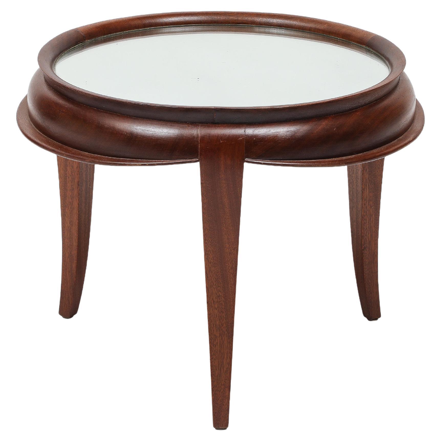 Italian Art Deco Round Tripod Glass Top Coffee Table in Mahogany Teak 1950s