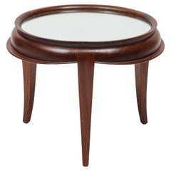 Italian Art Deco Round Tripod Glass Top Coffee Table in Mahogany Teak 1950s