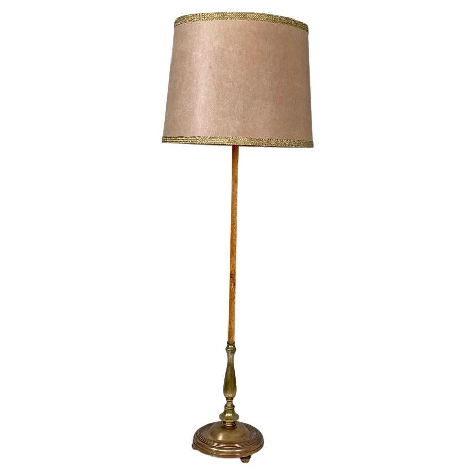 Italian Art Deco round velvet and brass floor lamp, 1940s For Sale