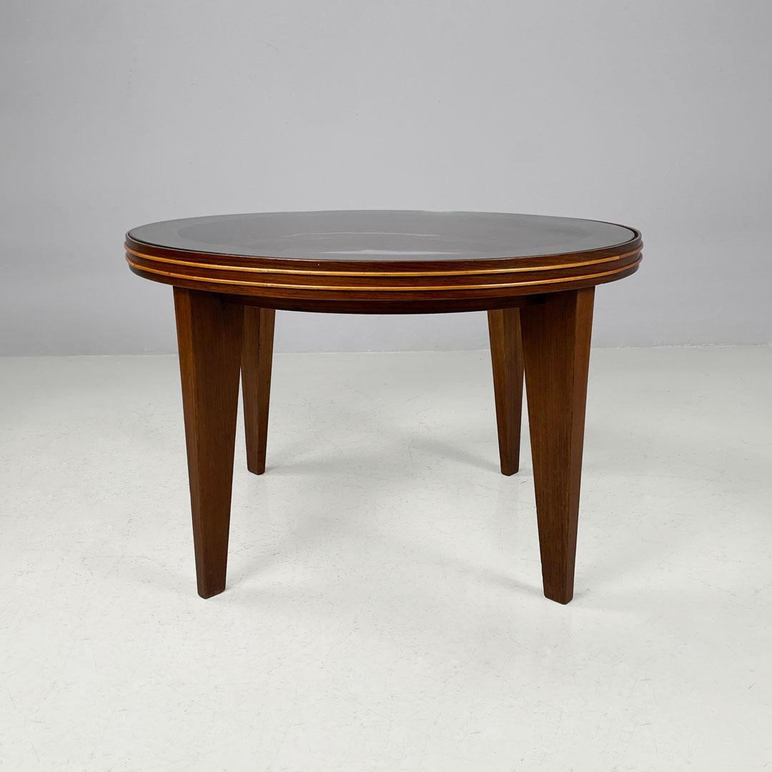 Art Déco italiano Mesa de centro redonda de madera con tapa de cristal, años 30 Art Decó en venta