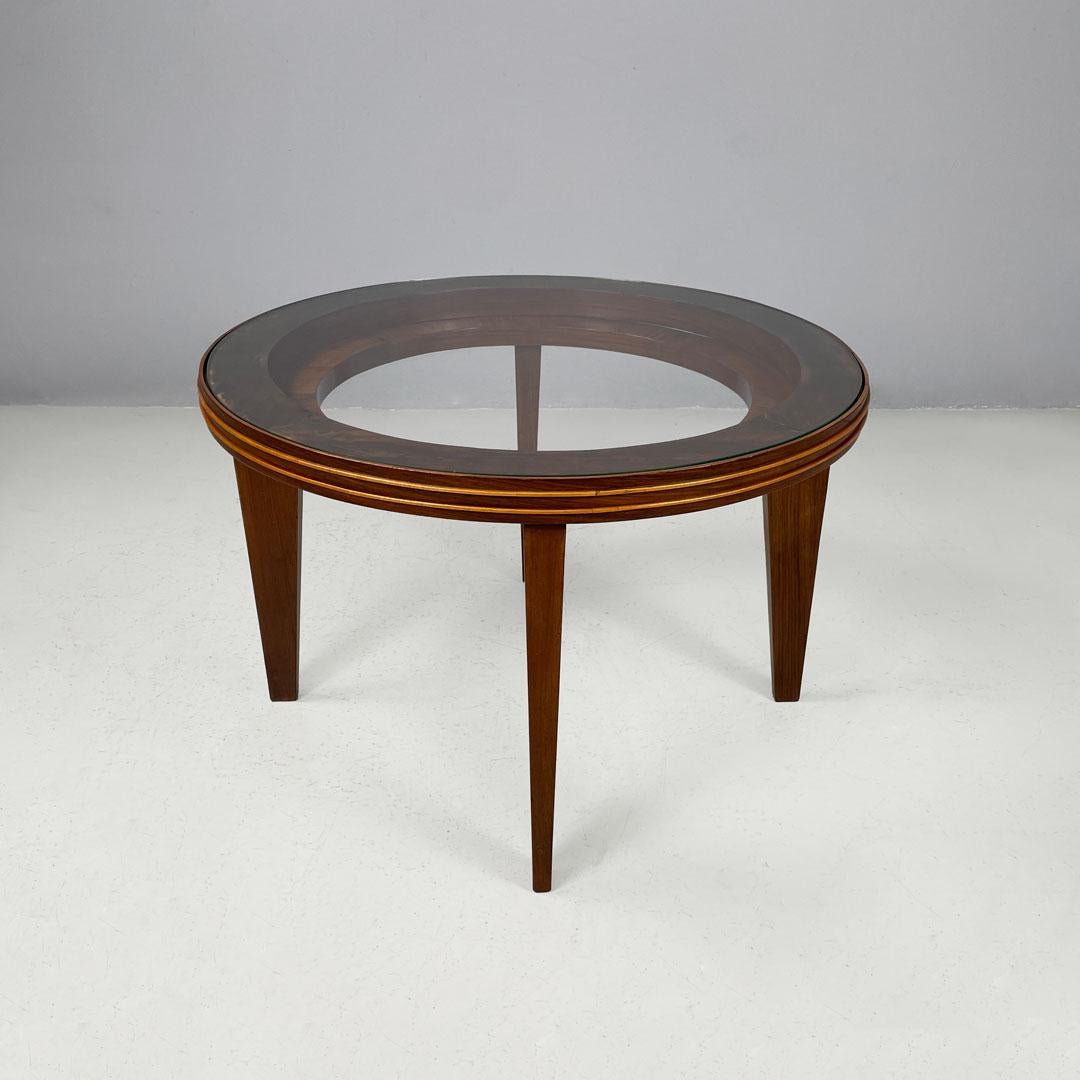Art Déco italiano Mesa de centro redonda de madera con tapa de cristal, años 30 Italian en venta