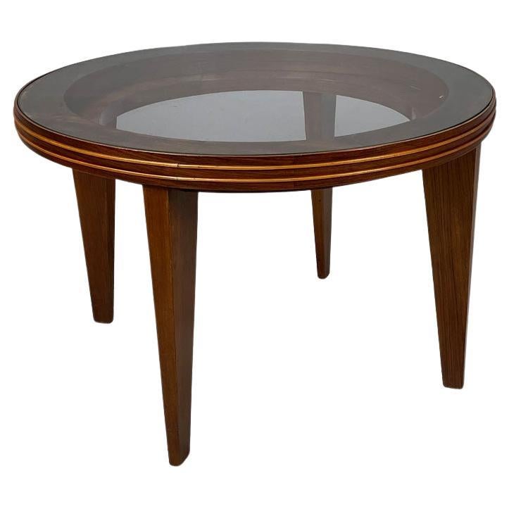 Italian Art Deco Round wooden coffee table with glass top, 1930s