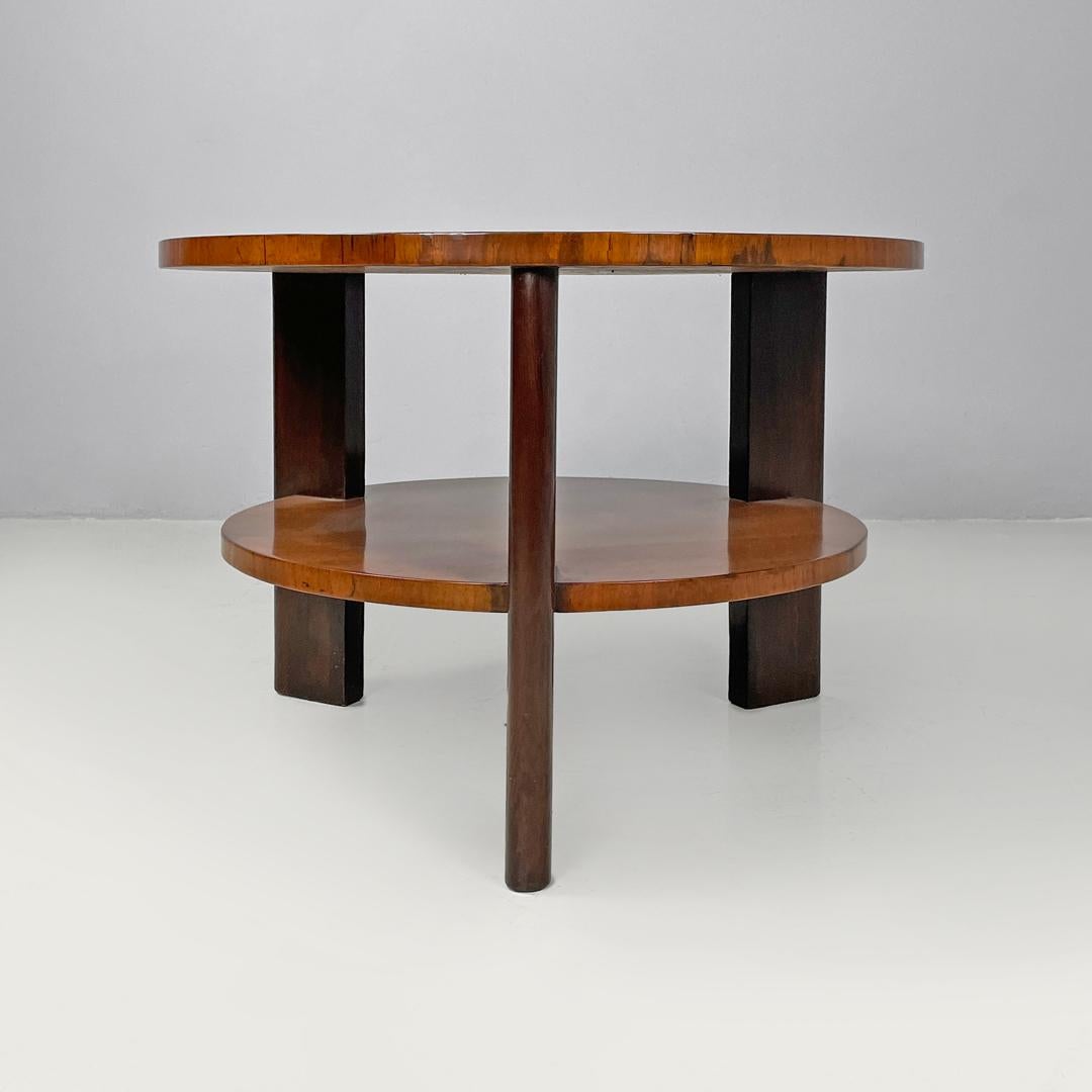 Runder italienischer Art-Déco-Couchtisch aus Holz mit zwei Platten und drei Beinen, 1930er Jahre (Italienisch) im Angebot