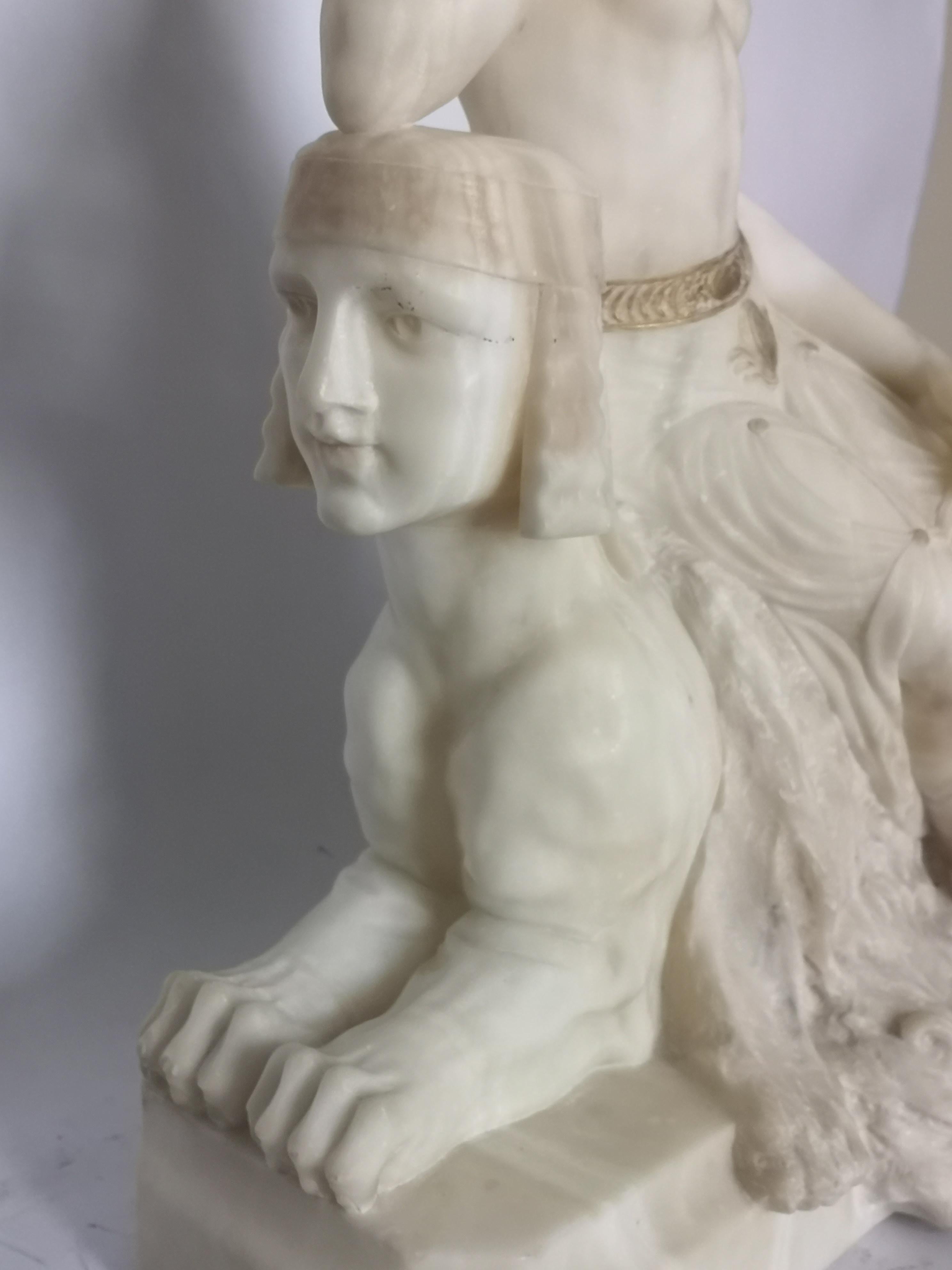 Alabaster Italian Art Deco Sculpture of a Lady Upon a Sphinx by F Masini