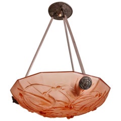 Lampadario Art Deco italiano in vetro scolpito e cromo in rosa, anni '40