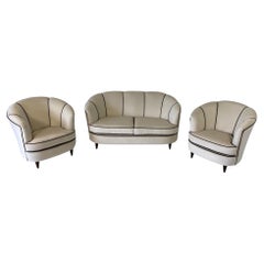 Italian Art Deco Set of Beige and Brown Velvet Armchairs and Sofa, 1940s