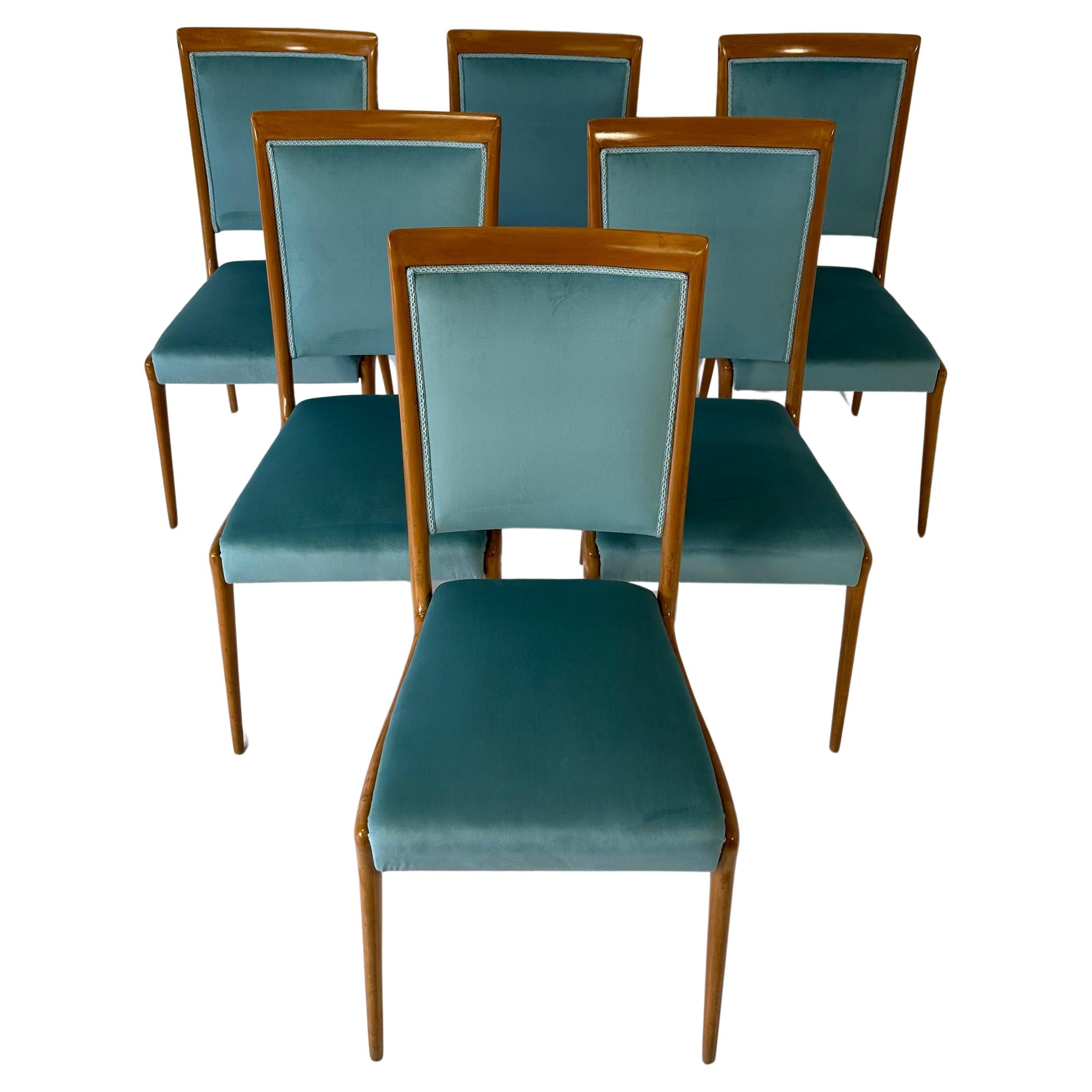 Italian Art Deco Set of Six Maple and Tiffany Velvet Chairs by V. Dassi, 1940s