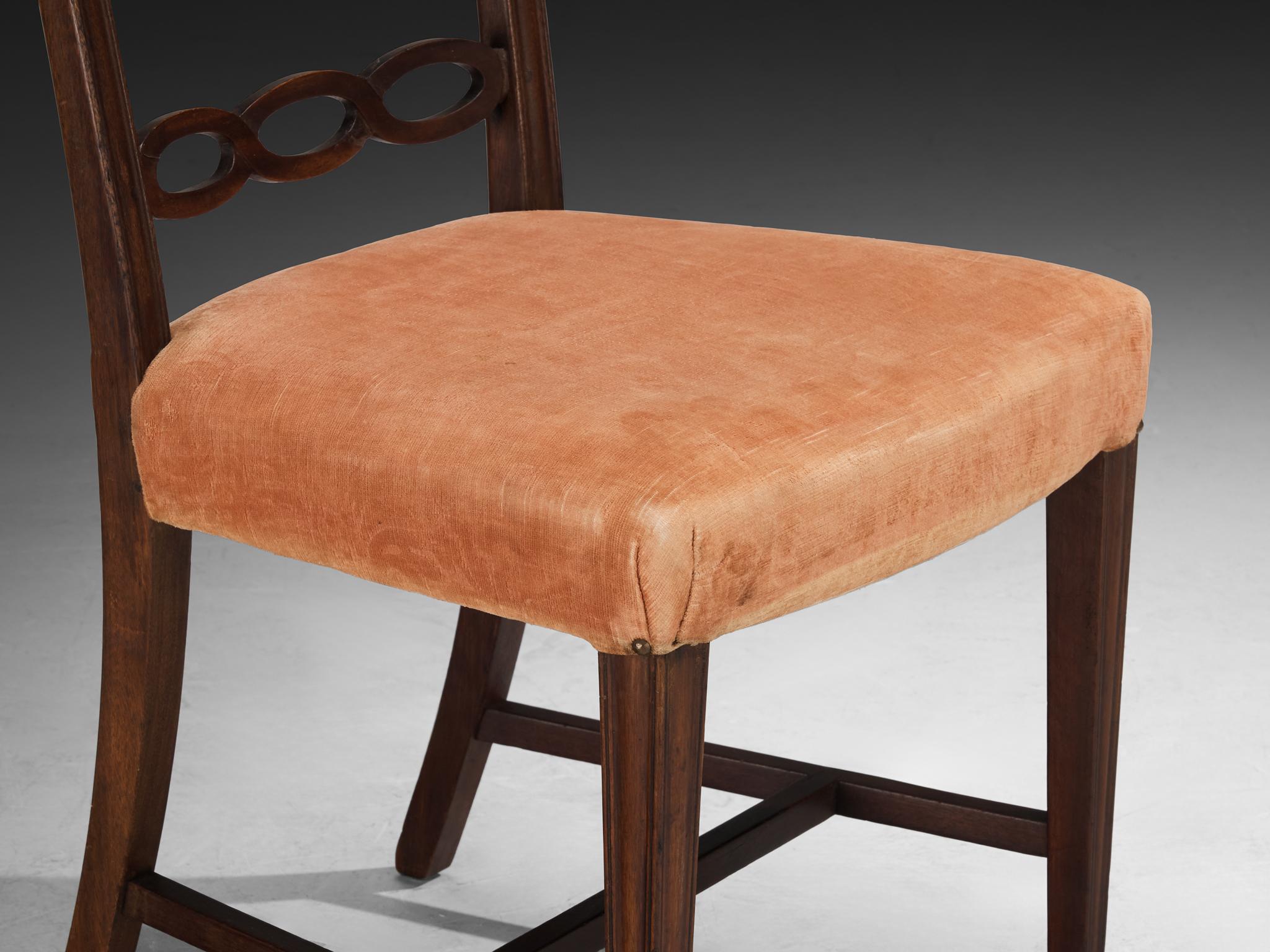 Italienischer Art déco-Set aus zehn Esszimmerstühlen aus Mahagoni und pfirsichfarbenem Velour, Art déco im Angebot 6