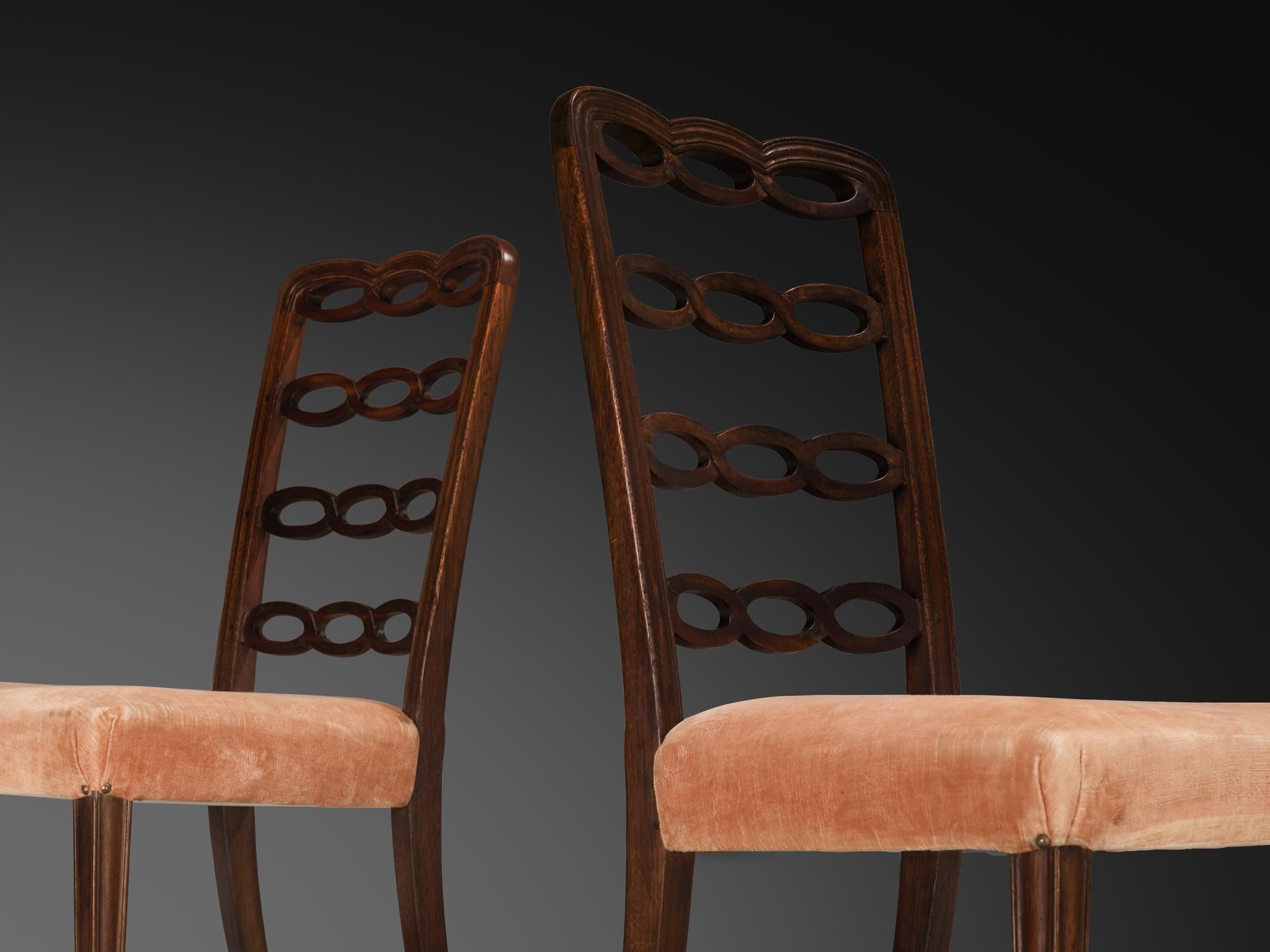 Italienischer Art déco-Set aus zehn Esszimmerstühlen aus Mahagoni und pfirsichfarbenem Velour, Art déco (Mitte des 20. Jahrhunderts) im Angebot