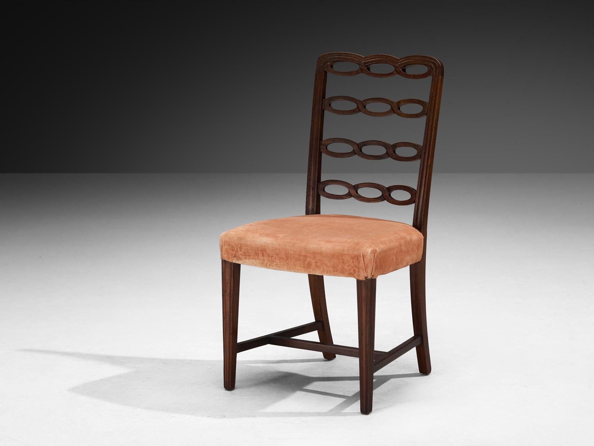 Italienischer Art déco-Set aus zehn Esszimmerstühlen aus Mahagoni und pfirsichfarbenem Velour, Art déco im Angebot 2
