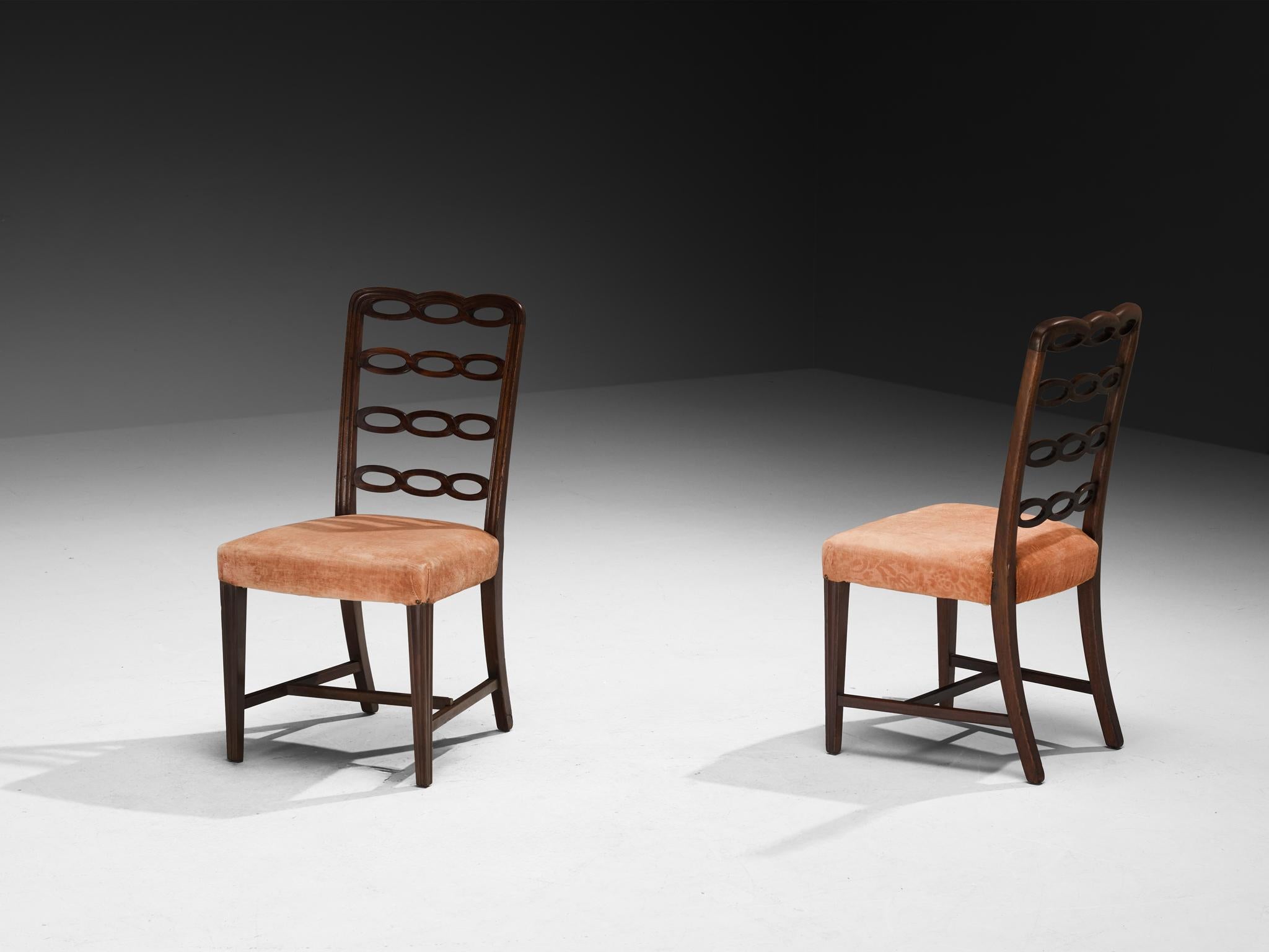 Italienischer Art déco-Set aus zehn Esszimmerstühlen aus Mahagoni und pfirsichfarbenem Velour, Art déco im Angebot 4