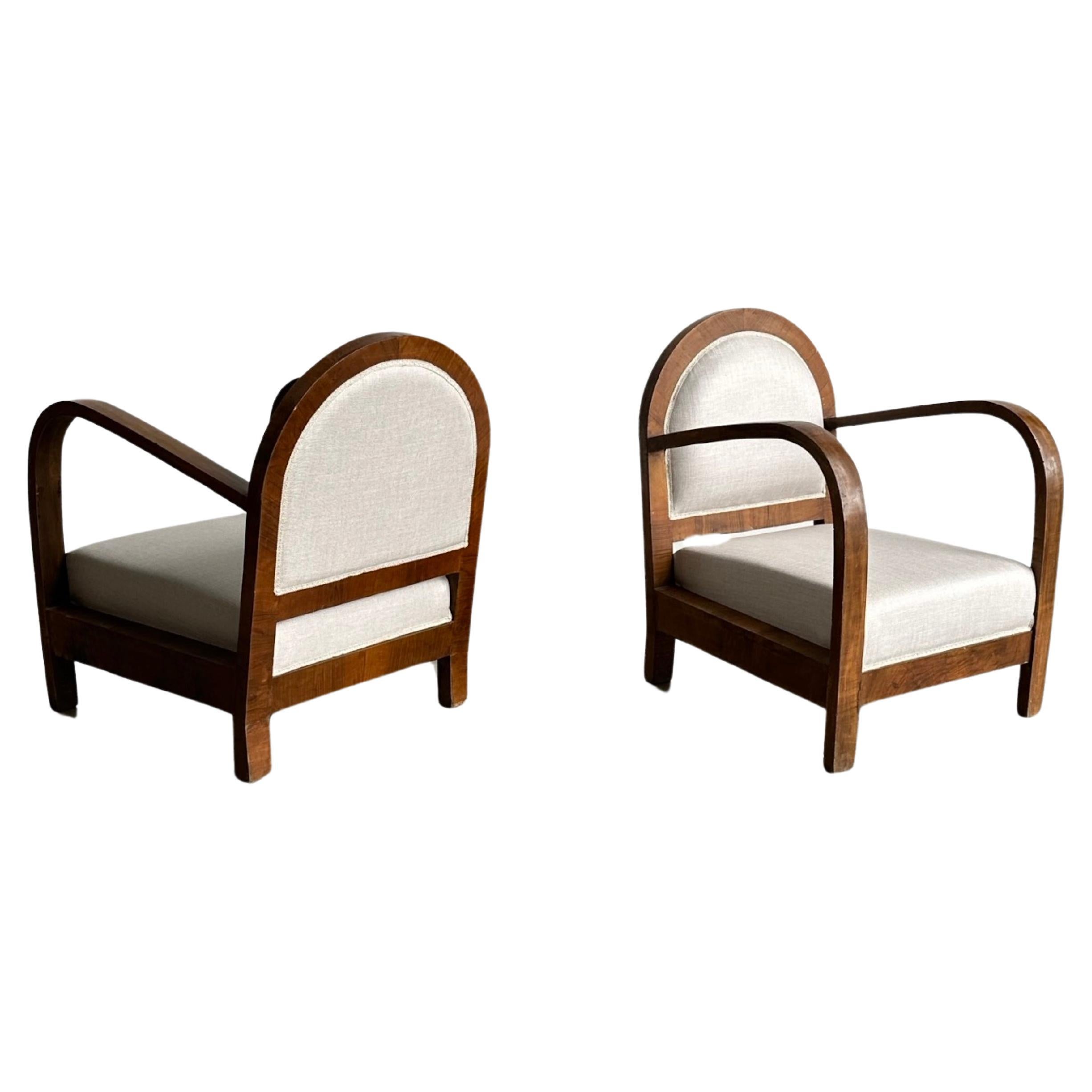 Italian Art Deco Set of Two Fabric & Mahogany Armchairs For Sale