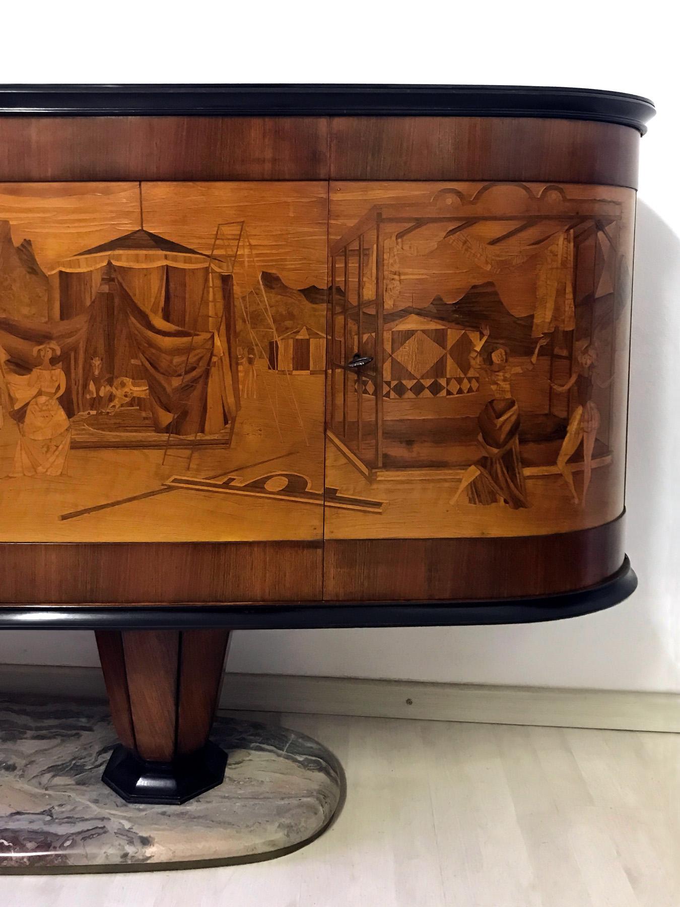 Italian Art Deco Sideboard Buffet by Vittorio Dassi with Big Inlaid Scene, 1940s 6