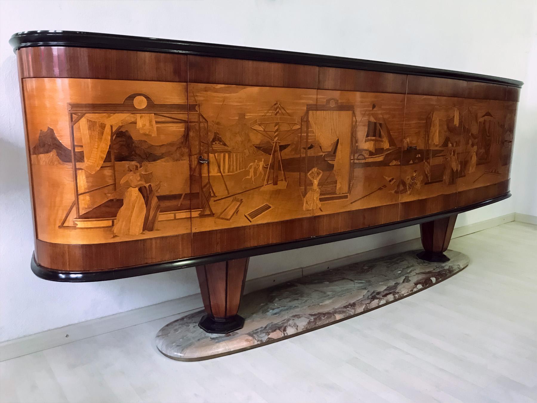 Mid-Century Modern Italian Art Deco Sideboard Buffet by Vittorio Dassi with Big Inlaid Scene, 1940s