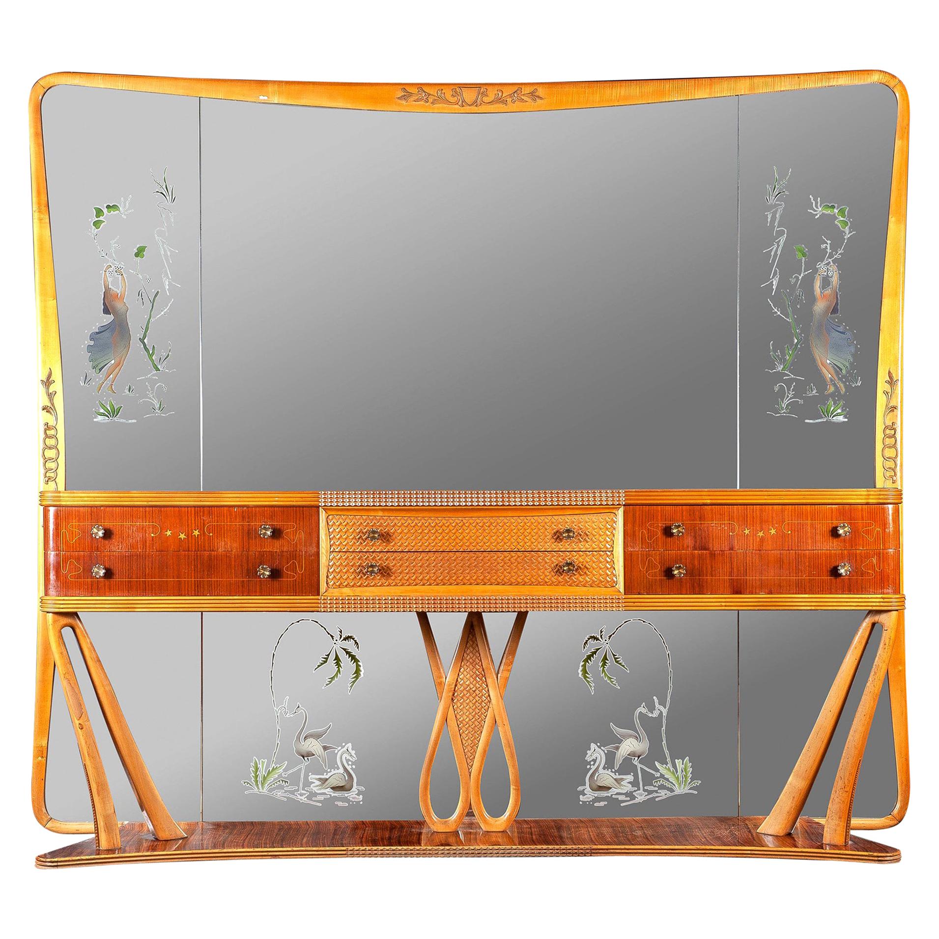 Italian Art Deco Sideboard Console Table with Mirror Attributed to Borsani, 1940