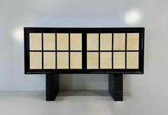 Italian Art Deco Sideboard in Parchment, Black Lacquer and Blue Mirror, 1940s