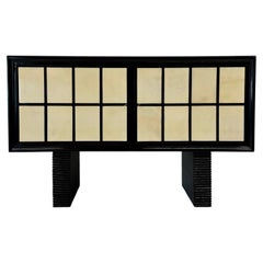 Italian Art Deco Sideboard in Parchment, Black Lacquer and Blue Mirror, 1940s