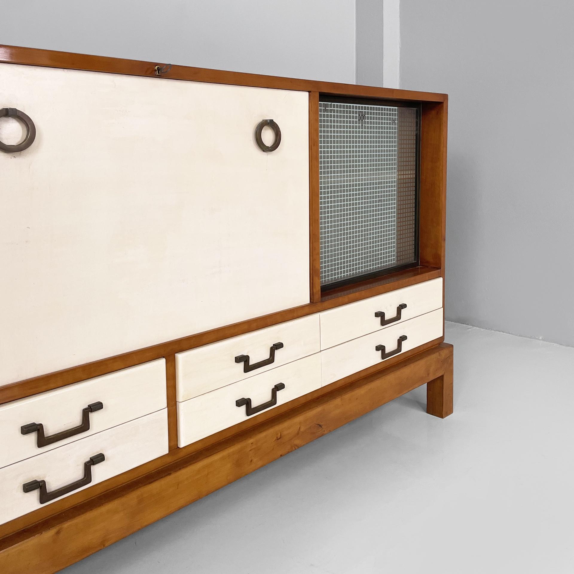 Brass Italian Art Deco sideboard in wood, brass and glass, 1940s For Sale