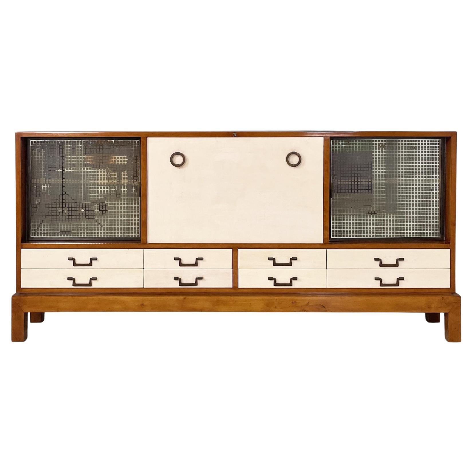 Italian Art Deco sideboard in wood, brass and glass, 1940s For Sale