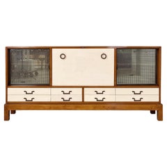 Italian Art Deco sideboard in wood, brass and glass, 1940s