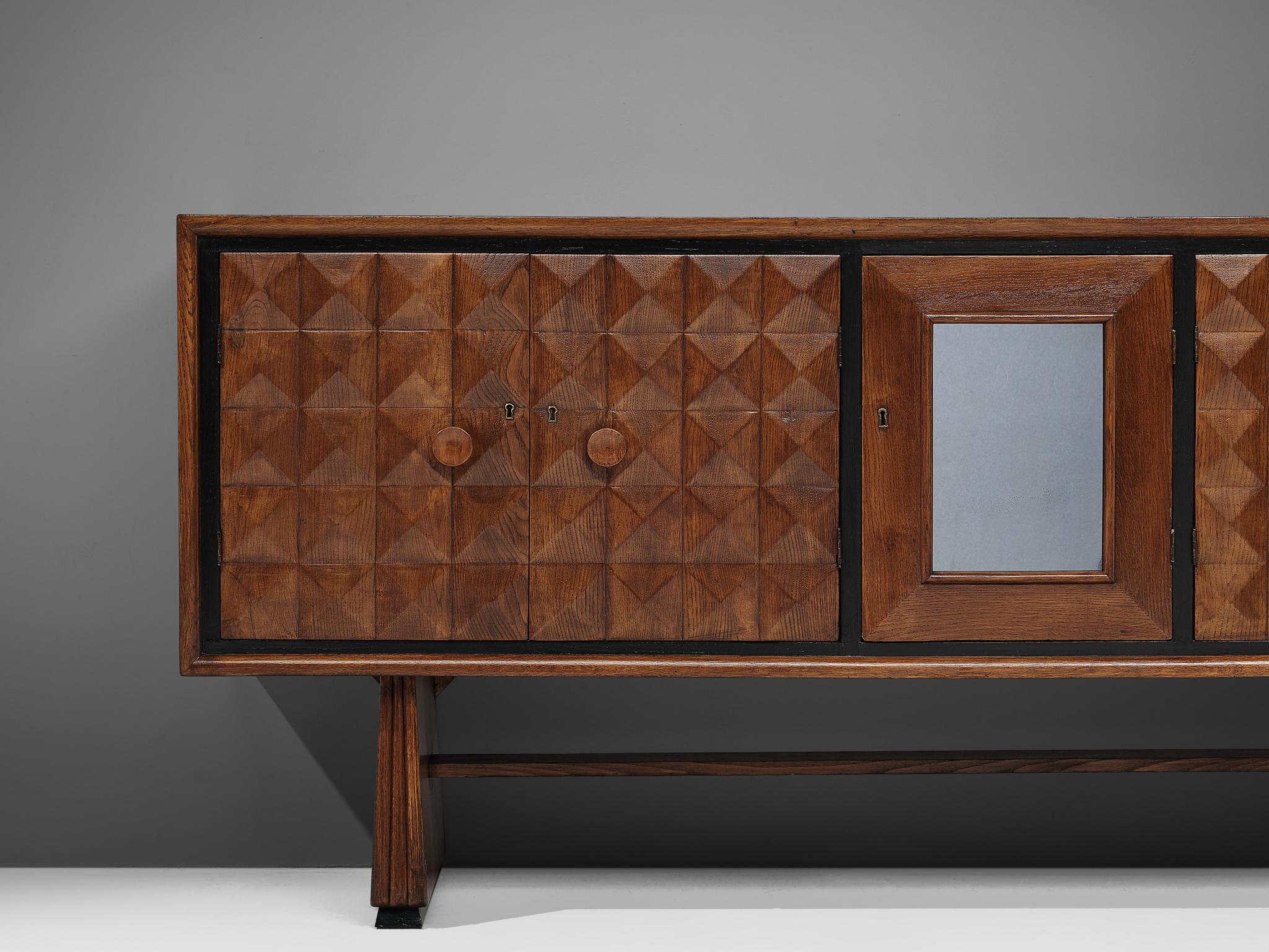 Brass Italian Art Deco Sideboard with Diamond-Shaped Doors in Oak