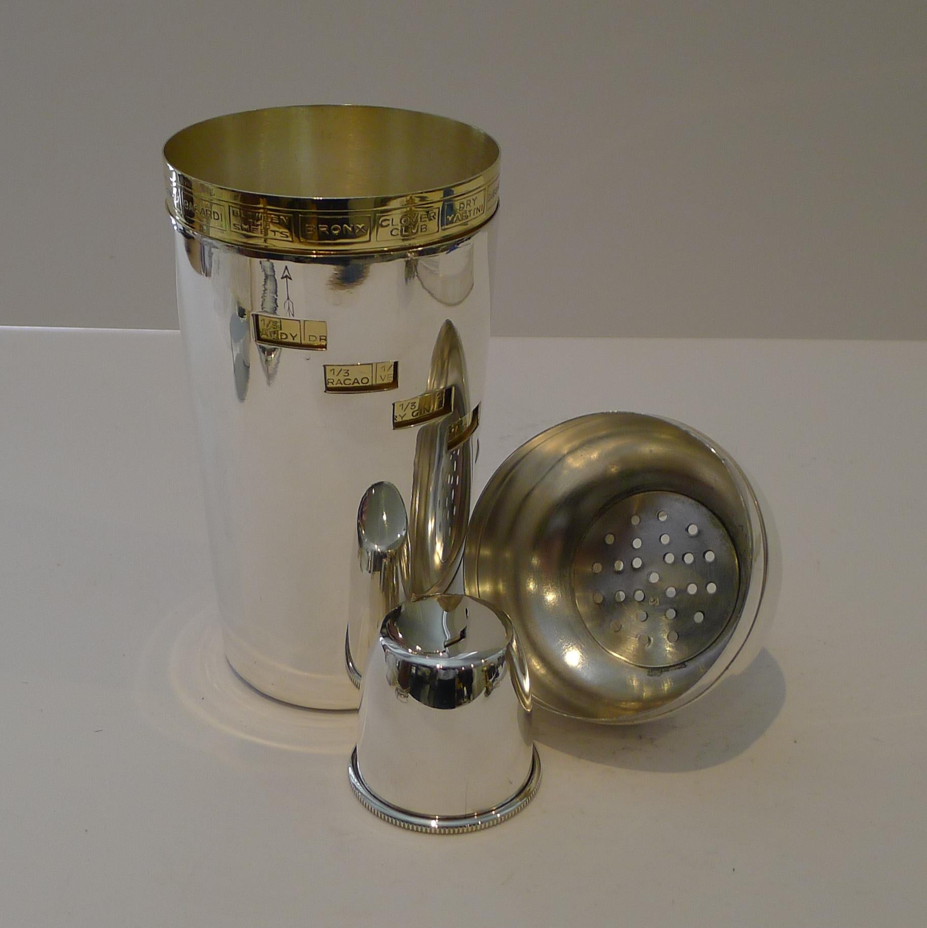 Italian Art Deco Silver and Gold Plated Menu / Recipe Cocktail Shaker 6