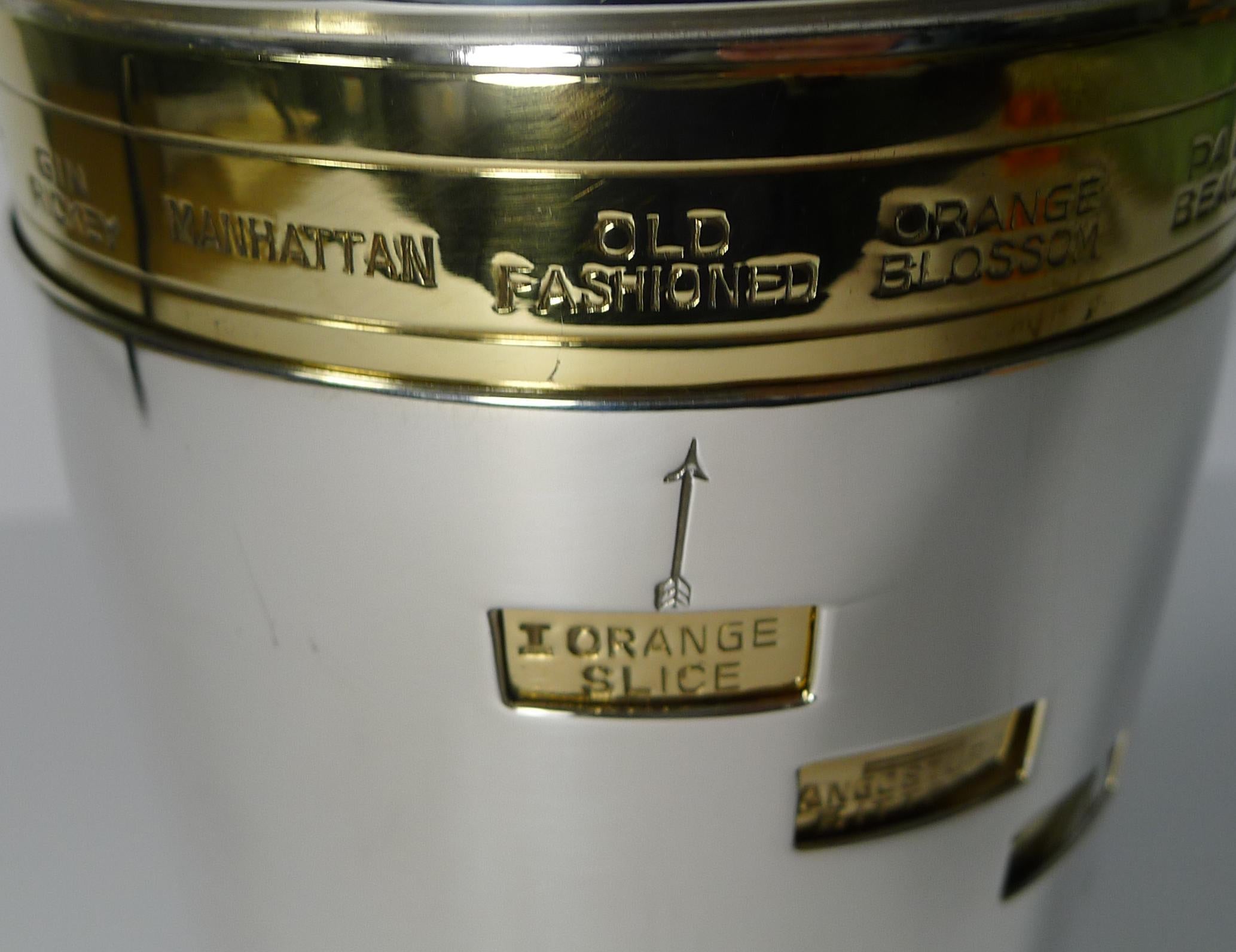 A fabulous vintage Italian recipe cocktail Shaker having been professionally restored to its former glory by our silversmith.

The arrow on the outer sleeve is pointed to the desired cocktail and the ingredients are revealed in each of the