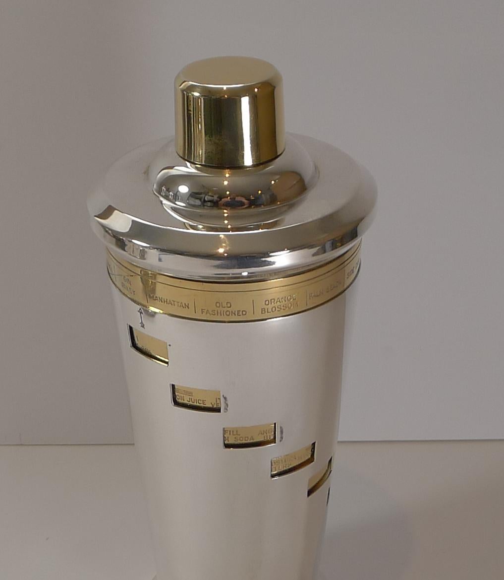 A fabulous vintage Italian recipe cocktail shaker having been professionally restored to it's former glory by our silversmith.

The arrow on the outer sleeve is pointed to the desired cocktail and the ingredients are revealed in each of the