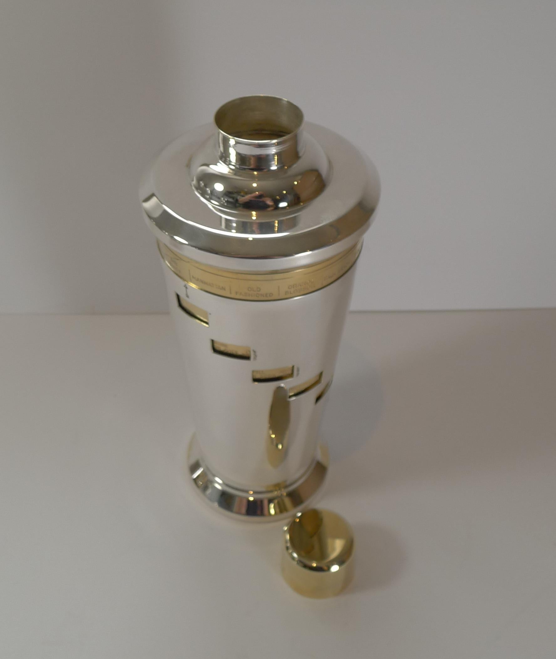 Italian Art Deco Silver and Gold Plated Menu / Recipe Cocktail Shaker In Good Condition In Bath, GB