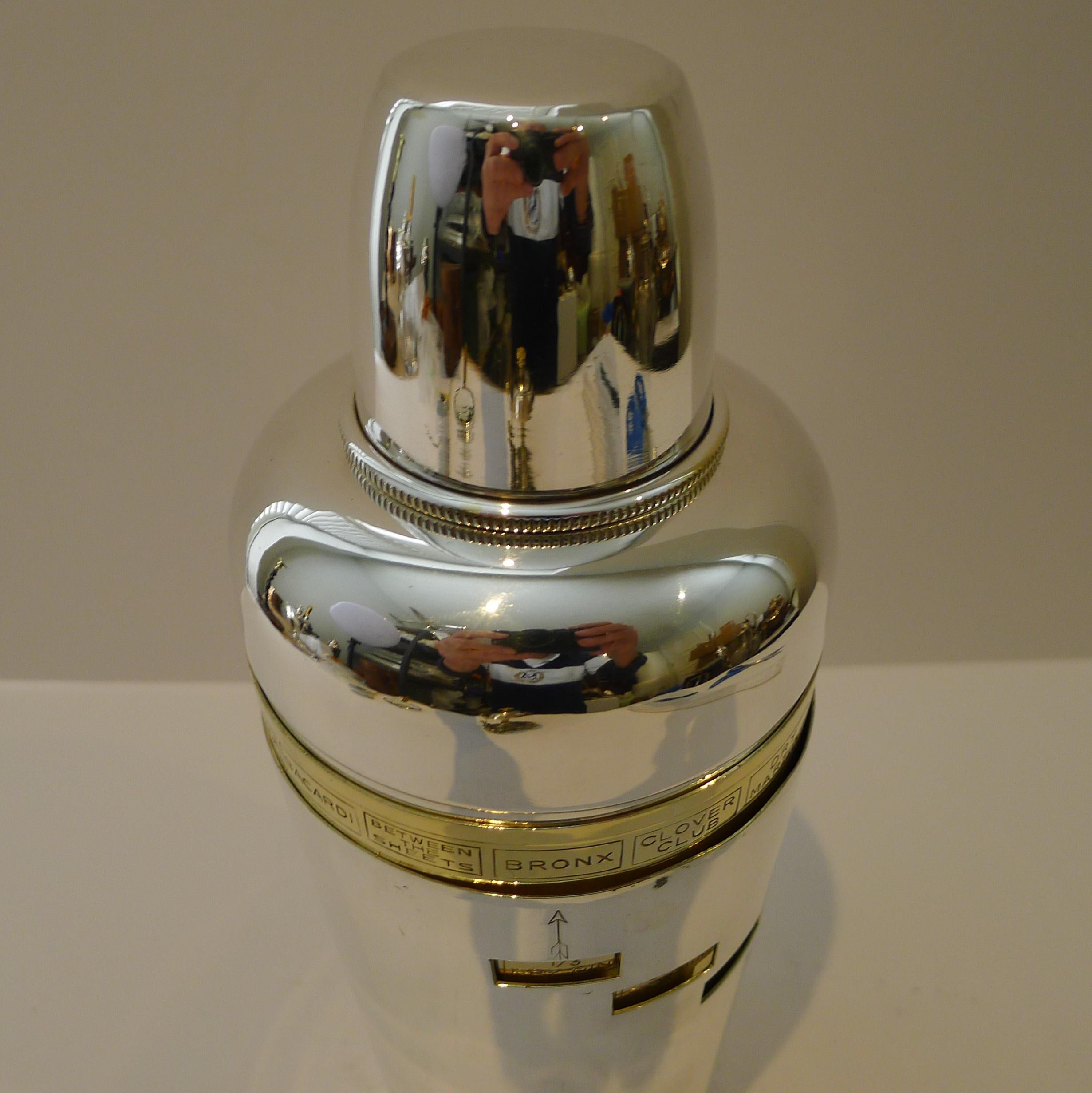 Italian Art Deco Silver and Gold Plated Menu / Recipe Cocktail Shaker In Good Condition In Bath, GB