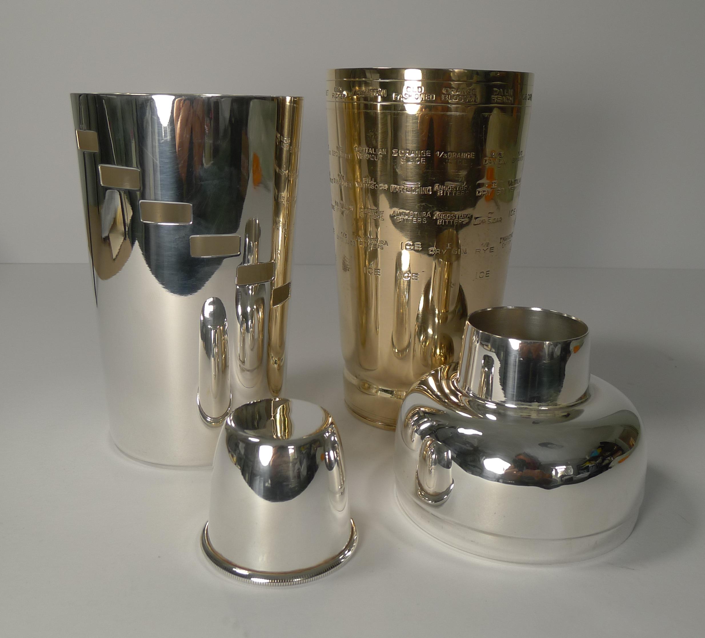 Italian Art Deco Silver and Gold-Plated Menu or Recipe Cocktail Shaker In Good Condition In Bath, GB