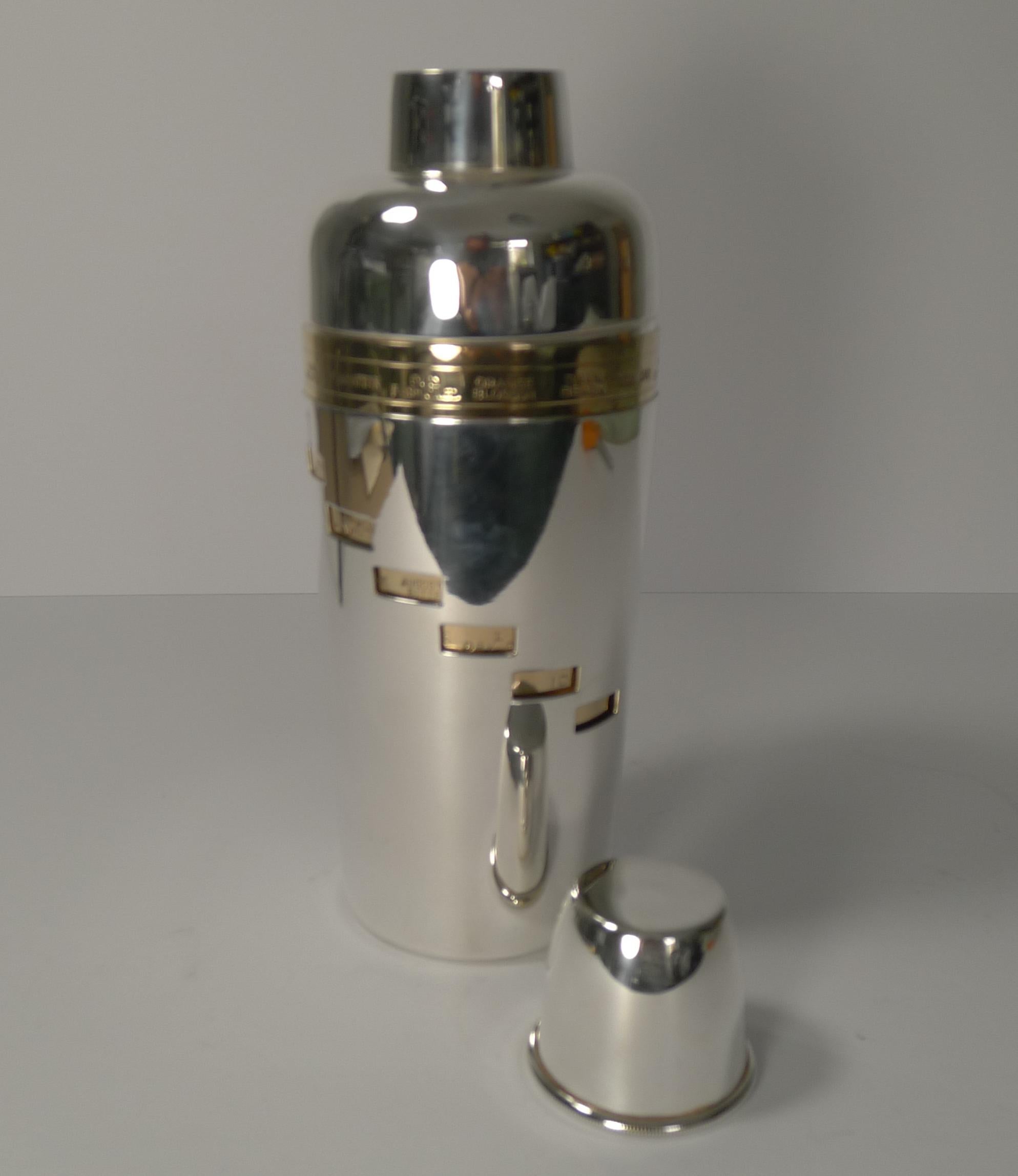 Mid-20th Century Italian Art Deco Silver and Gold-Plated Menu or Recipe Cocktail Shaker