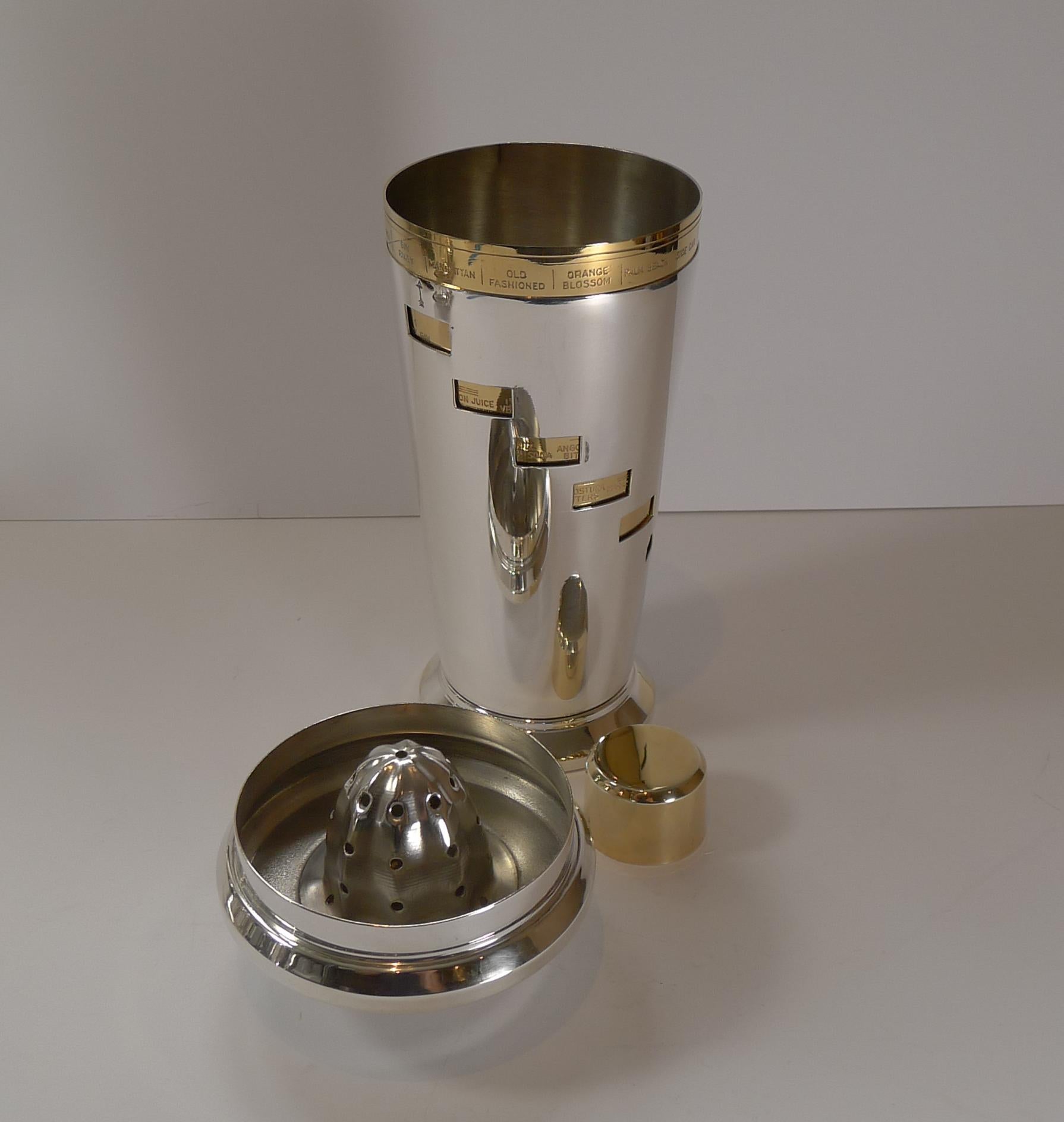 Italian Art Deco Silver and Gold Plated Menu / Recipe Cocktail Shaker 2
