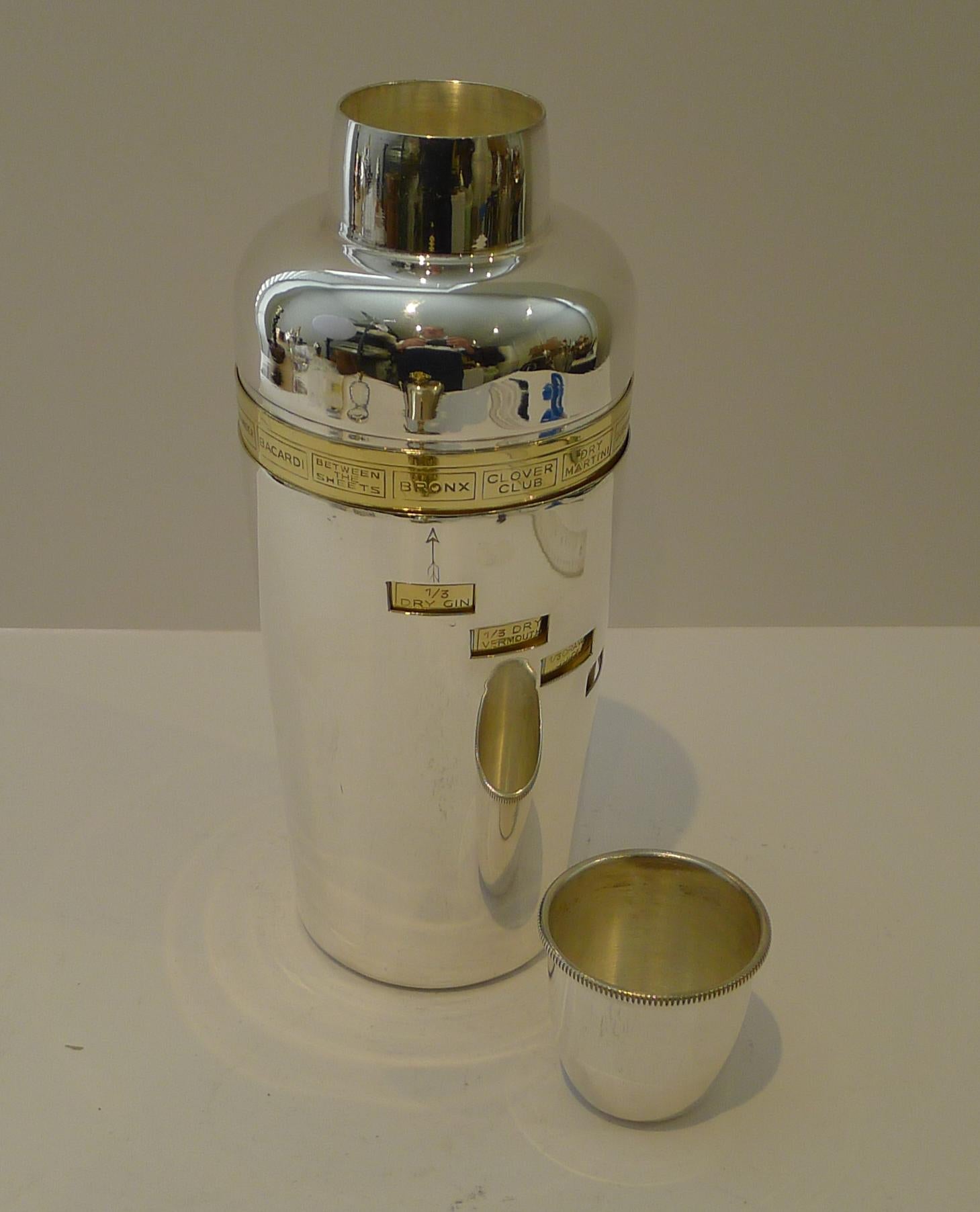 Italian Art Deco Silver and Gold Plated Menu / Recipe Cocktail Shaker 2
