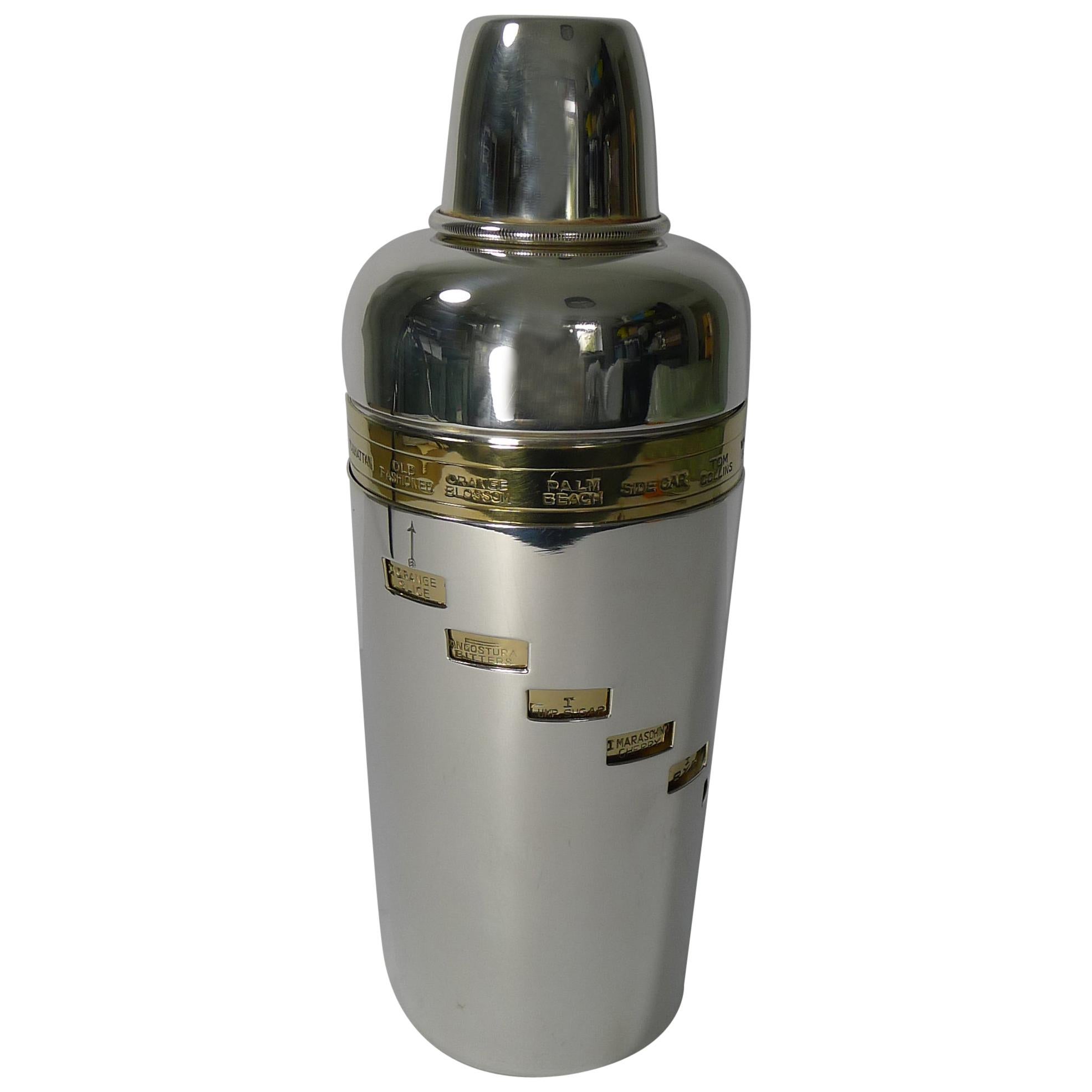 Italian Art Deco Silver and Gold-Plated Menu or Recipe Cocktail Shaker
