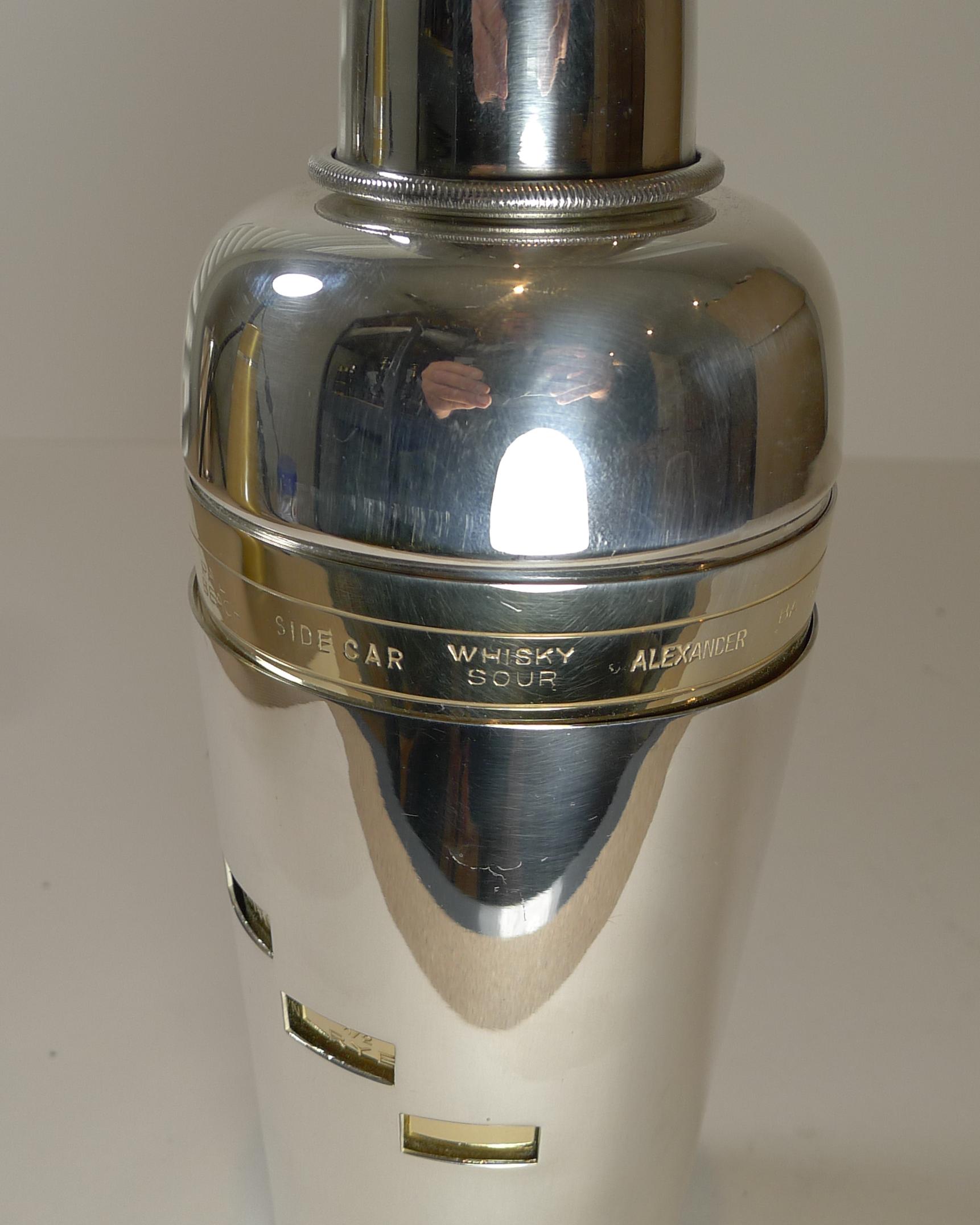 Italian Art Deco Silver & Gold Plated Menu Cocktail Shaker In Good Condition In Bath, GB