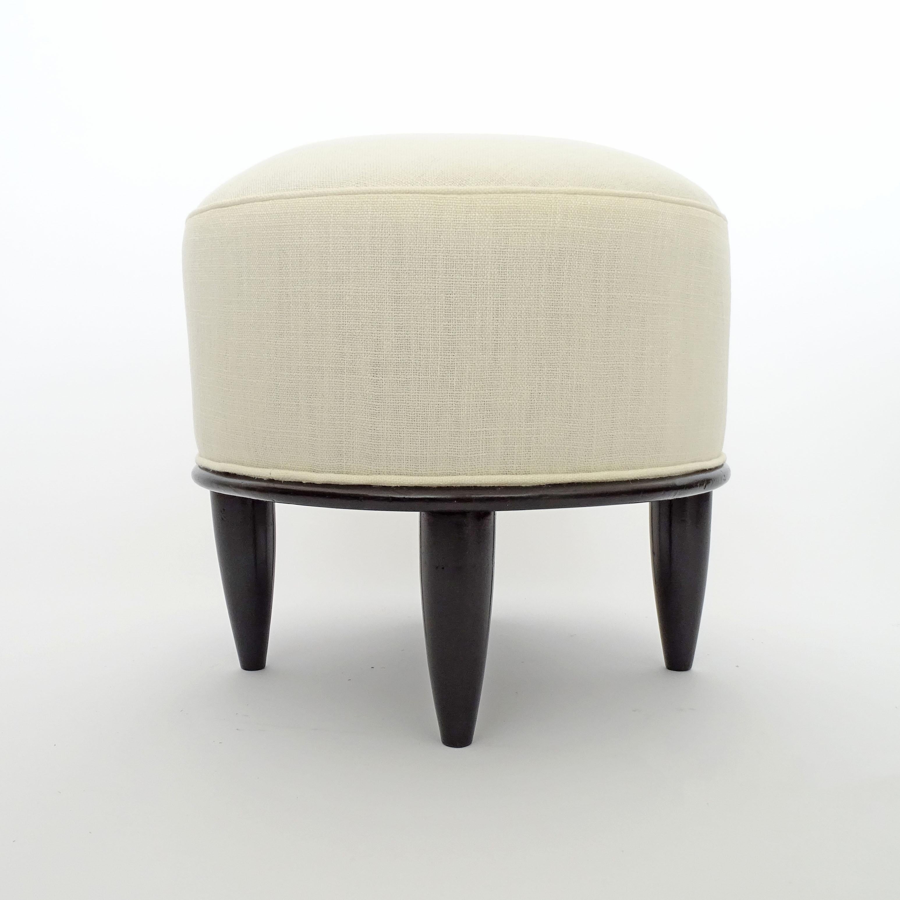 Mid-Century Modern Italian Art Deco Single Round Stool in Lacquered Wood and White Linen For Sale