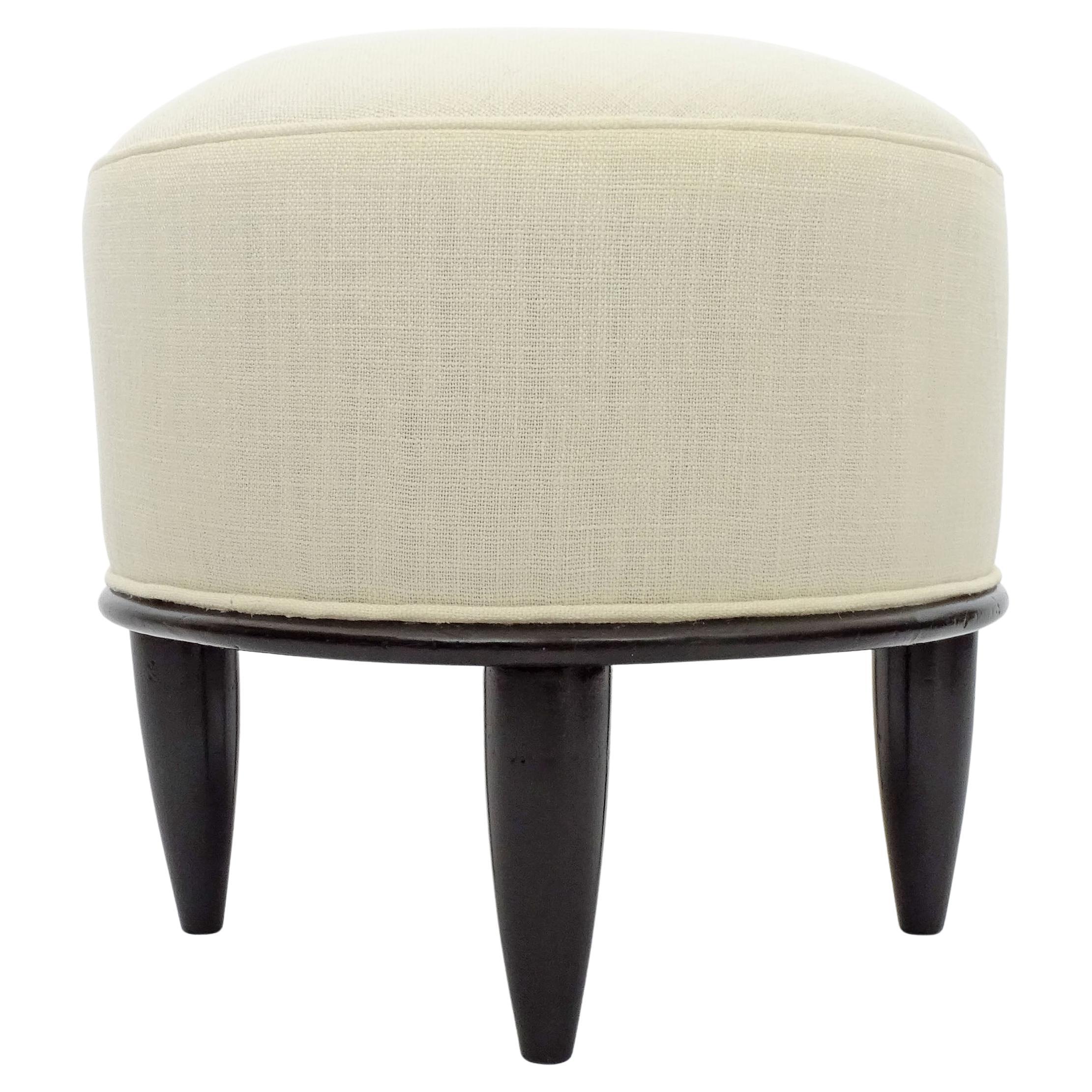 Tabouret rond italien Art déco en bois laqué et lin blanc