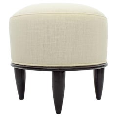 Italian Art Deco Single Round Stool in Lacquered Wood and White Linen