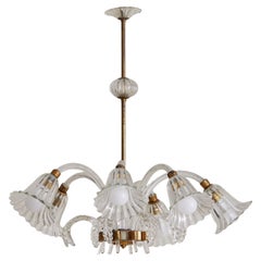 Italian Art Deco Six-Arm Murano Chandelier Attributed to Barovier 
Toso, 1950s