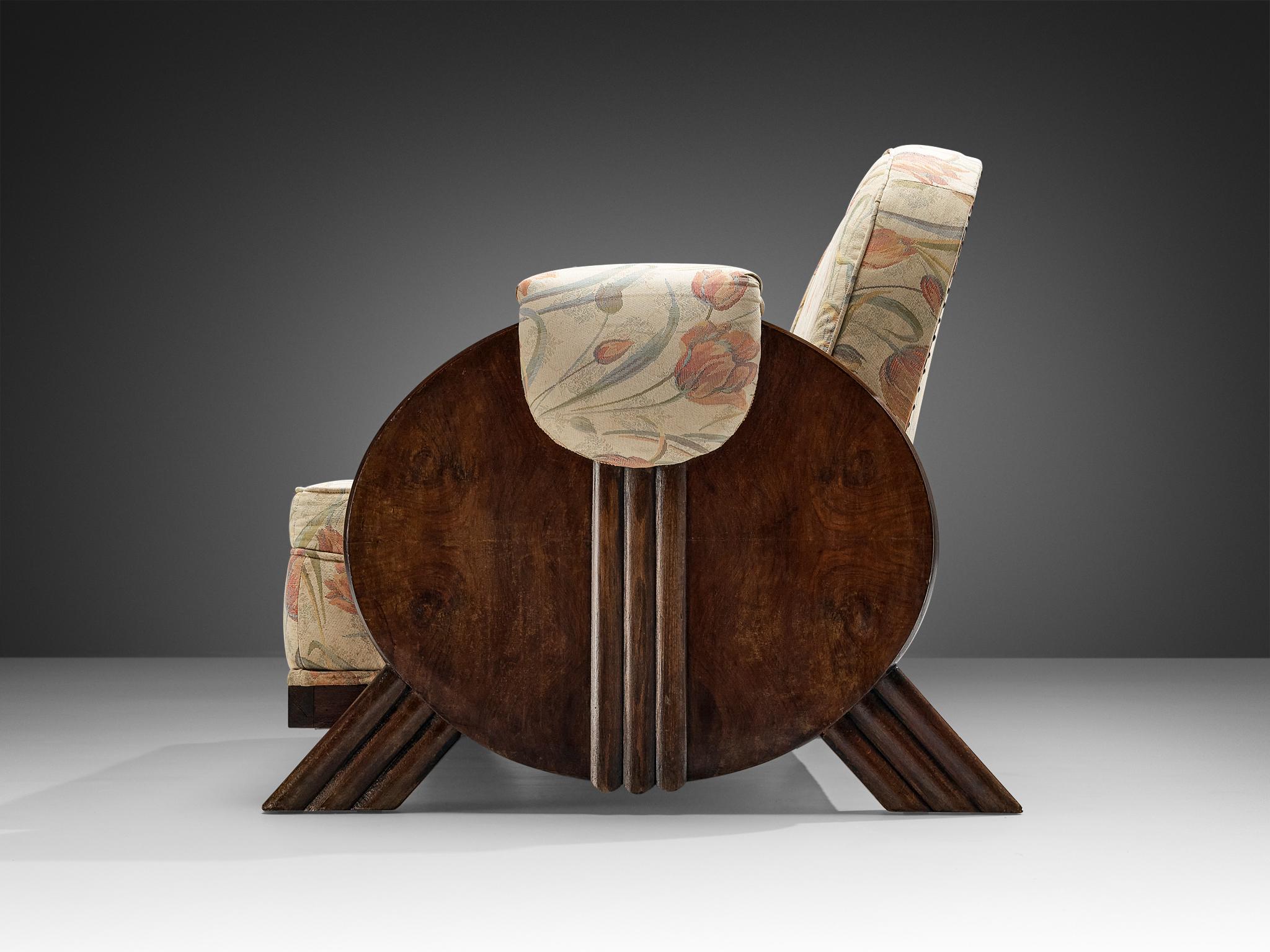 Italienisches Art déco-Sofa im Art déco-Stil mit Blumenpolsterung und Holz (Mitte des 20. Jahrhunderts) im Angebot