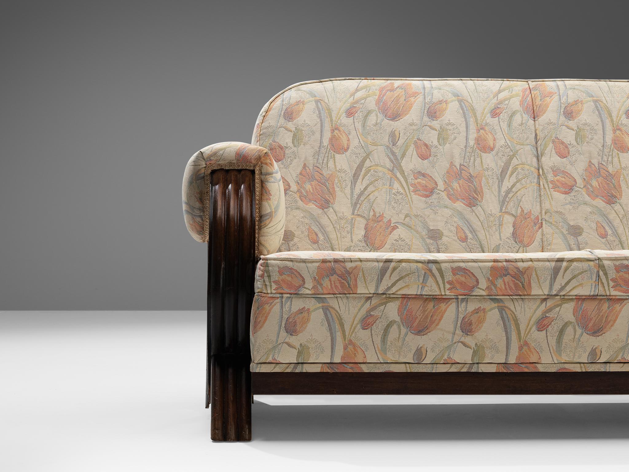 Mid-20th Century Italian Art Deco Sofa in Floral Upholstery and Wood For Sale