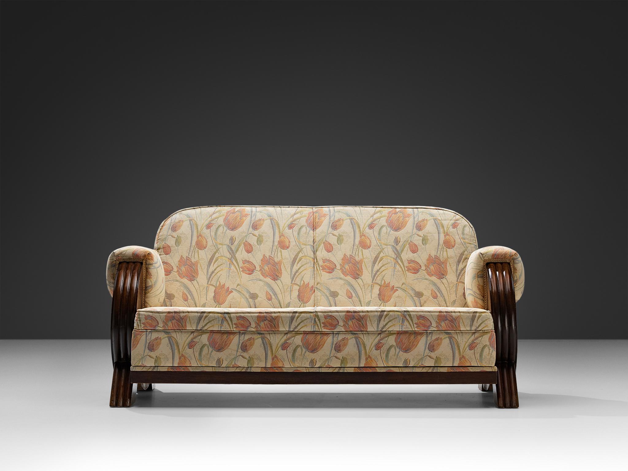 Italienisches Art déco-Sofa im Art déco-Stil mit Blumenpolsterung und Holz (Messing) im Angebot