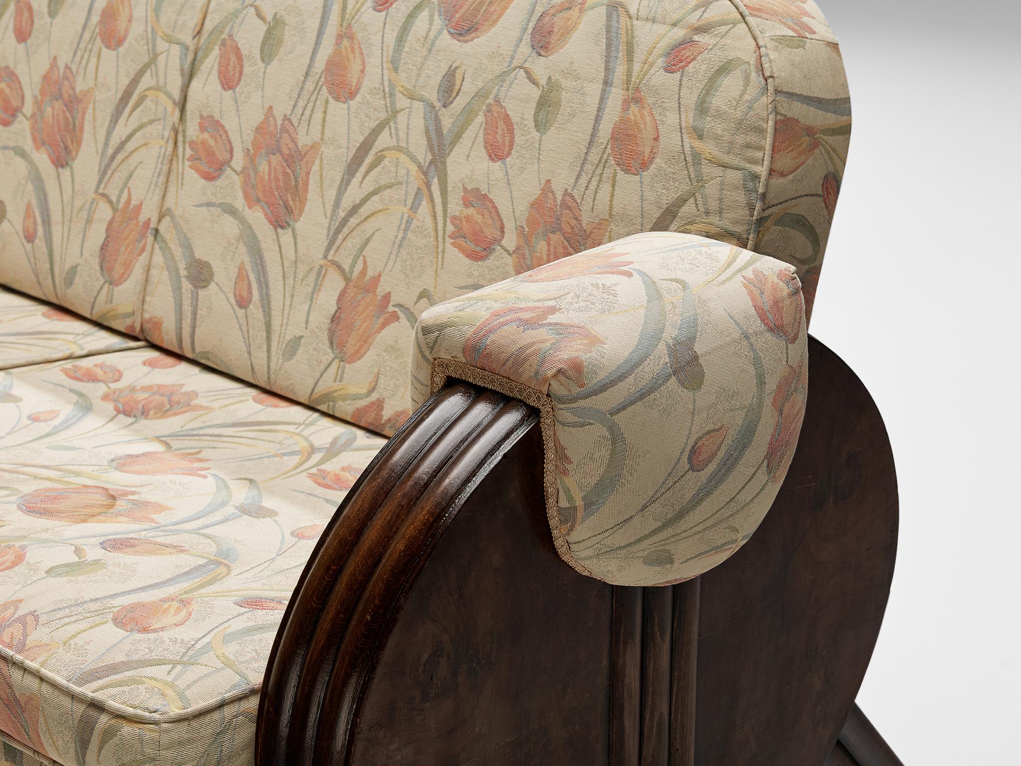 Brass Italian Art Deco Sofa in Floral Upholstery and Wood For Sale