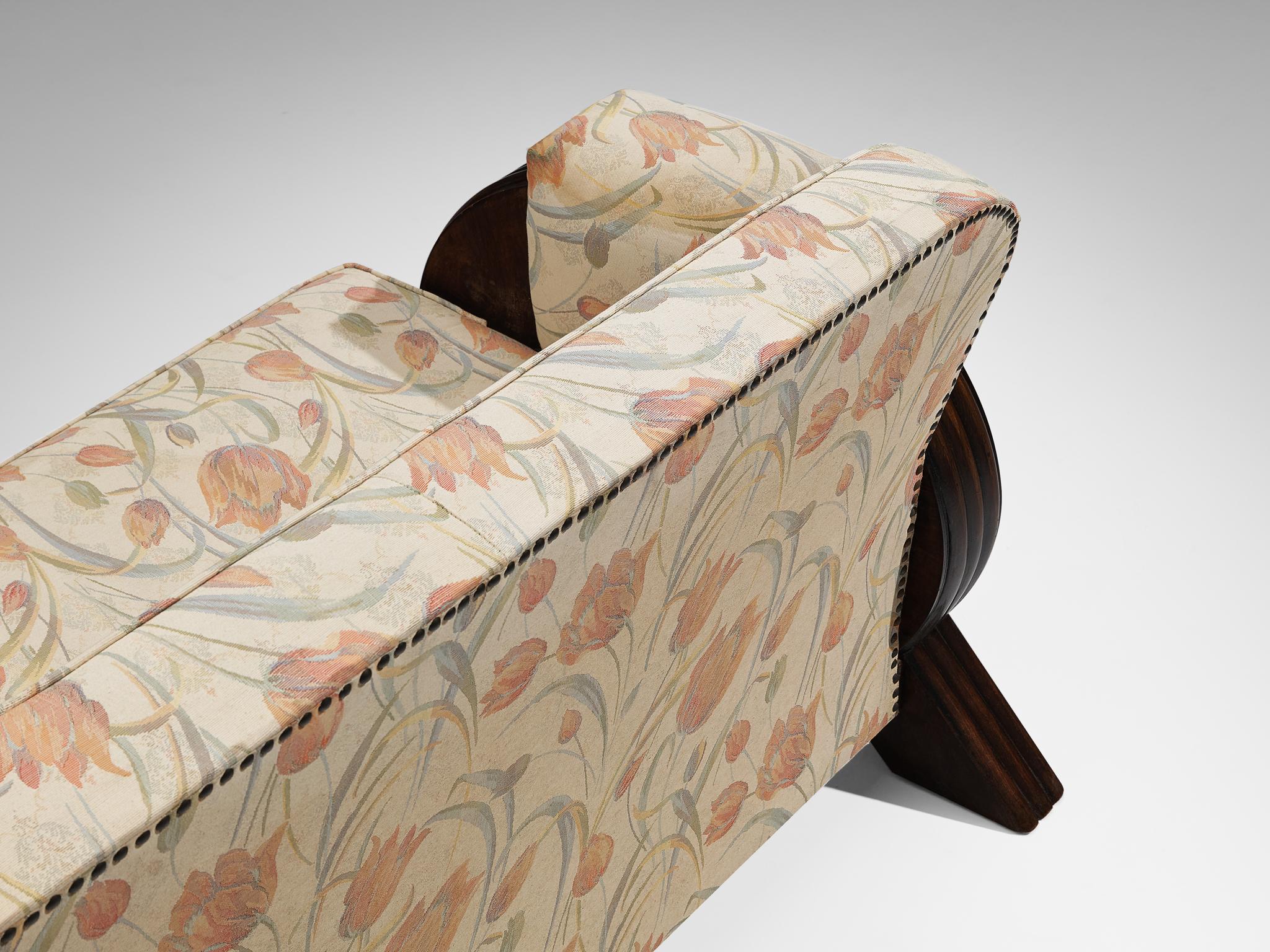 Italian Art Deco Sofa in Floral Upholstery and Wood For Sale 2