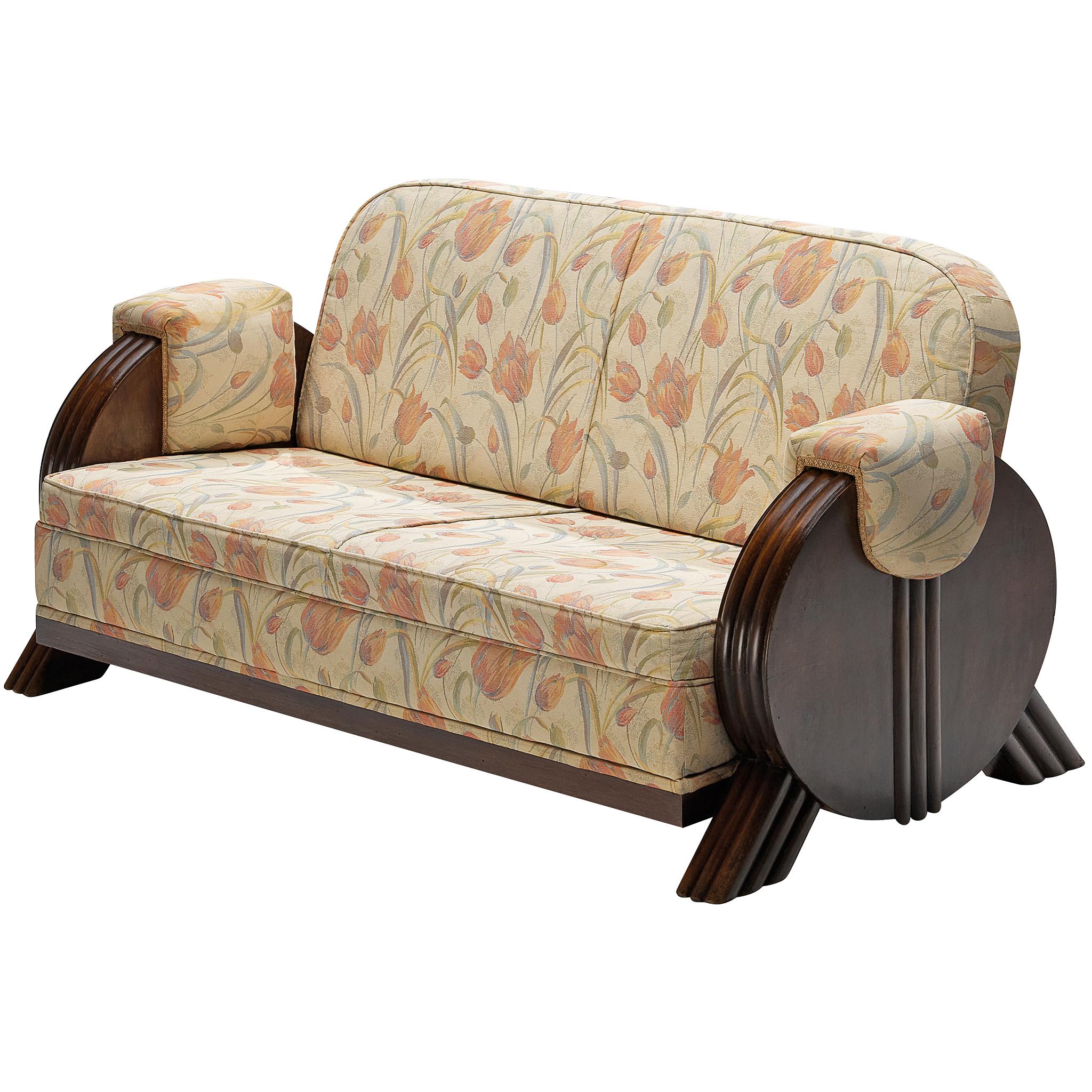 Italienisches Art déco-Sofa im Art déco-Stil mit Blumenpolsterung und Holz
