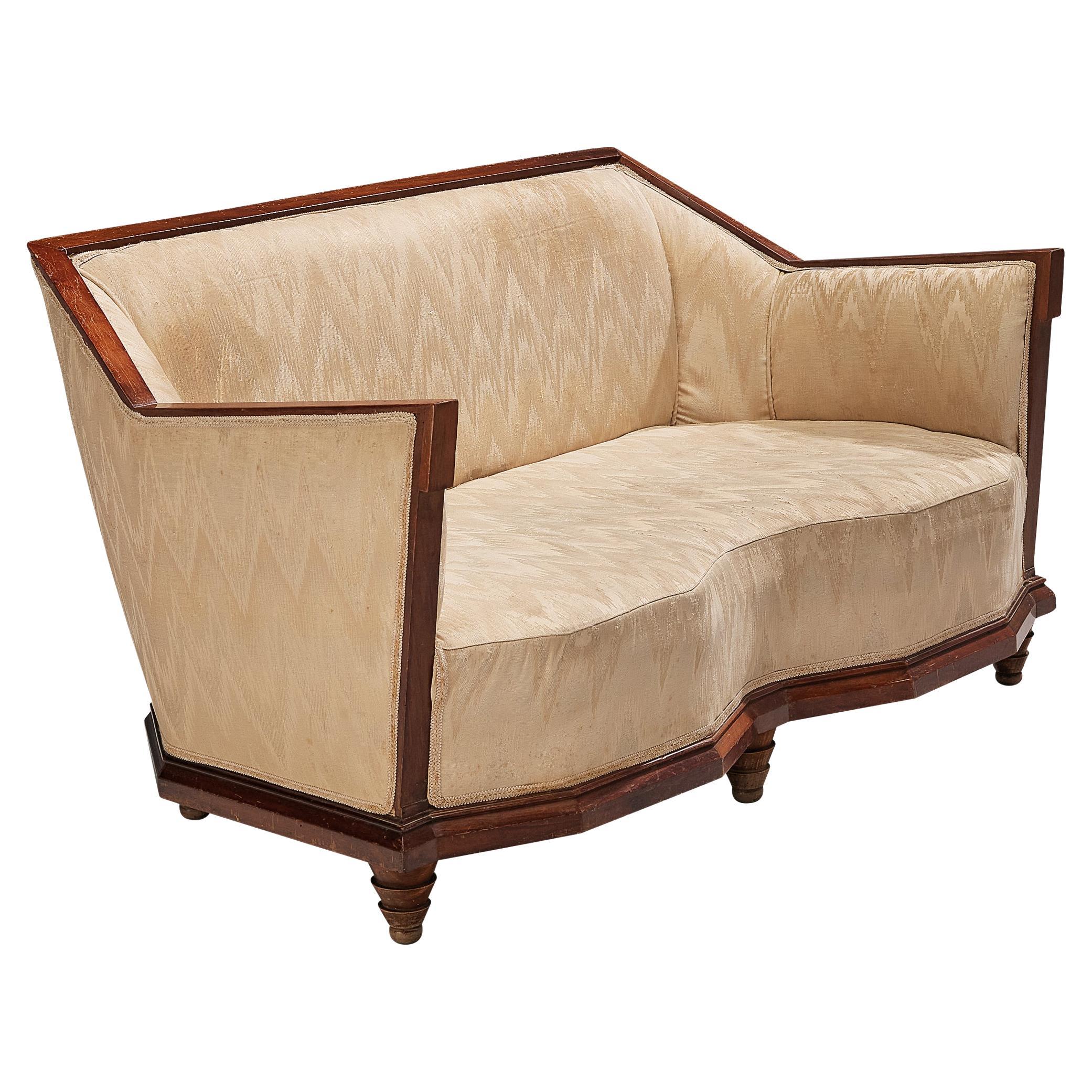Italian Art Deco Sofa in Walnut and Silk