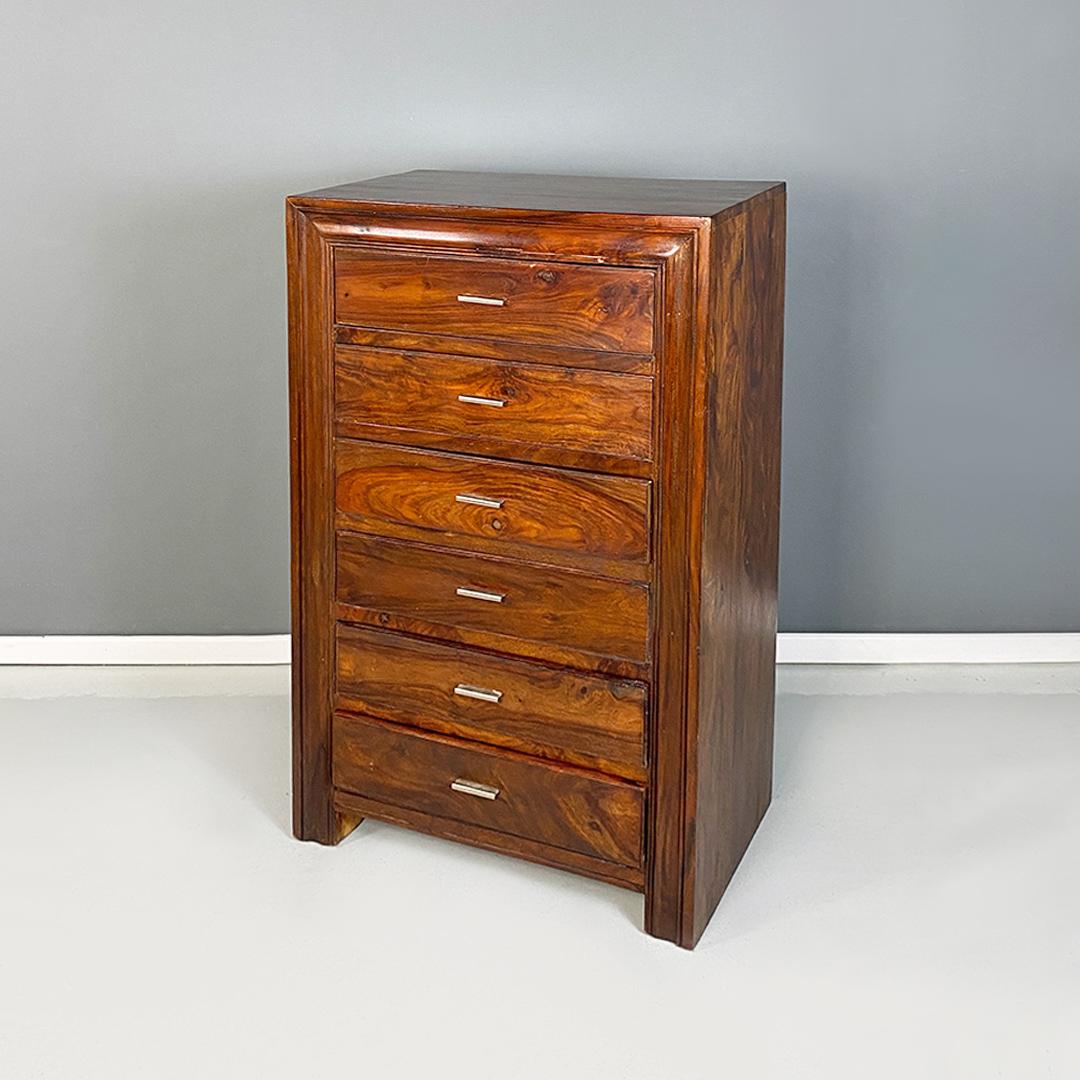 Italian Art Decò Solid Walnut Wood and Aluminium Details Chest of Drawers, 1940s In Good Condition In MIlano, IT