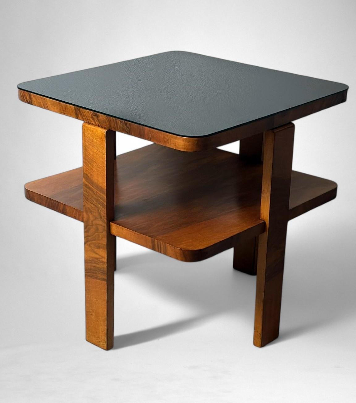 Placage Table à thé/café carrée Art Déco italien avec plateau en verre en vente